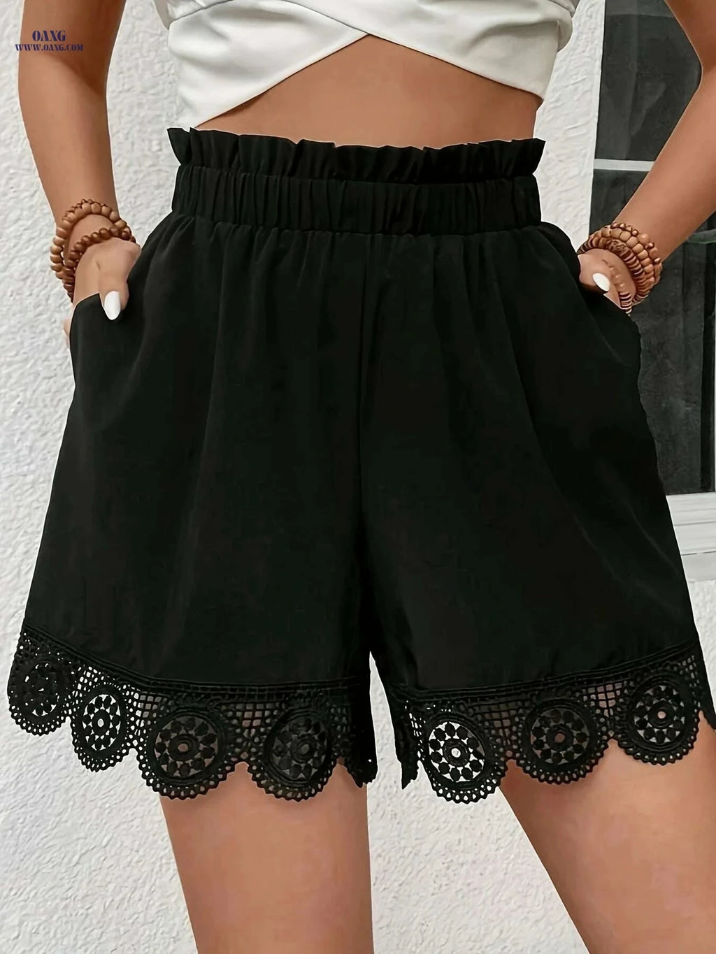 Women's Solid Color Lace Trim Shorts - All-Season Comfort   OAXG 