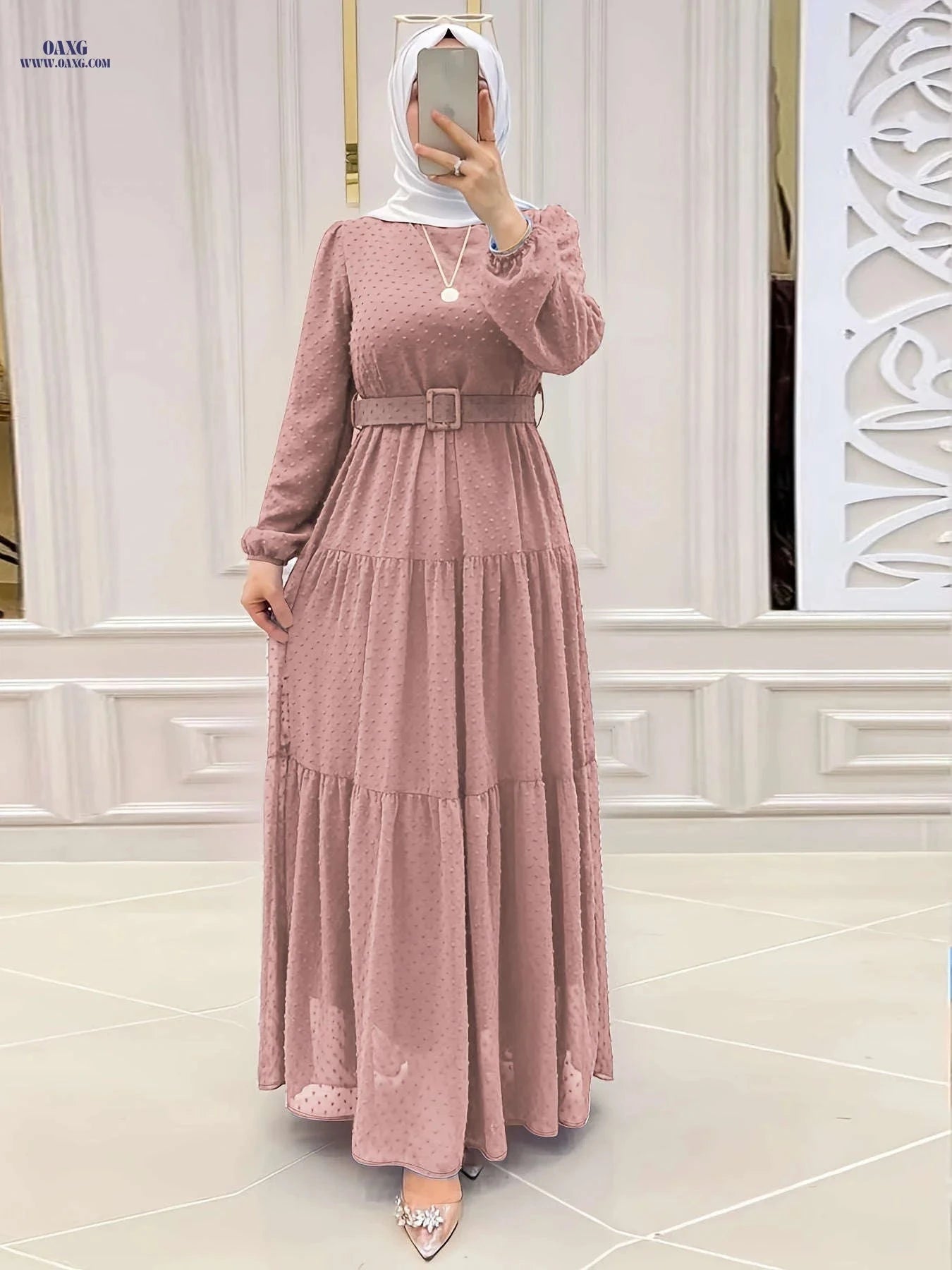 Women's Solid Color Long Robe Dress - Middle Eastern Style   OAXG Lotus Pink / S