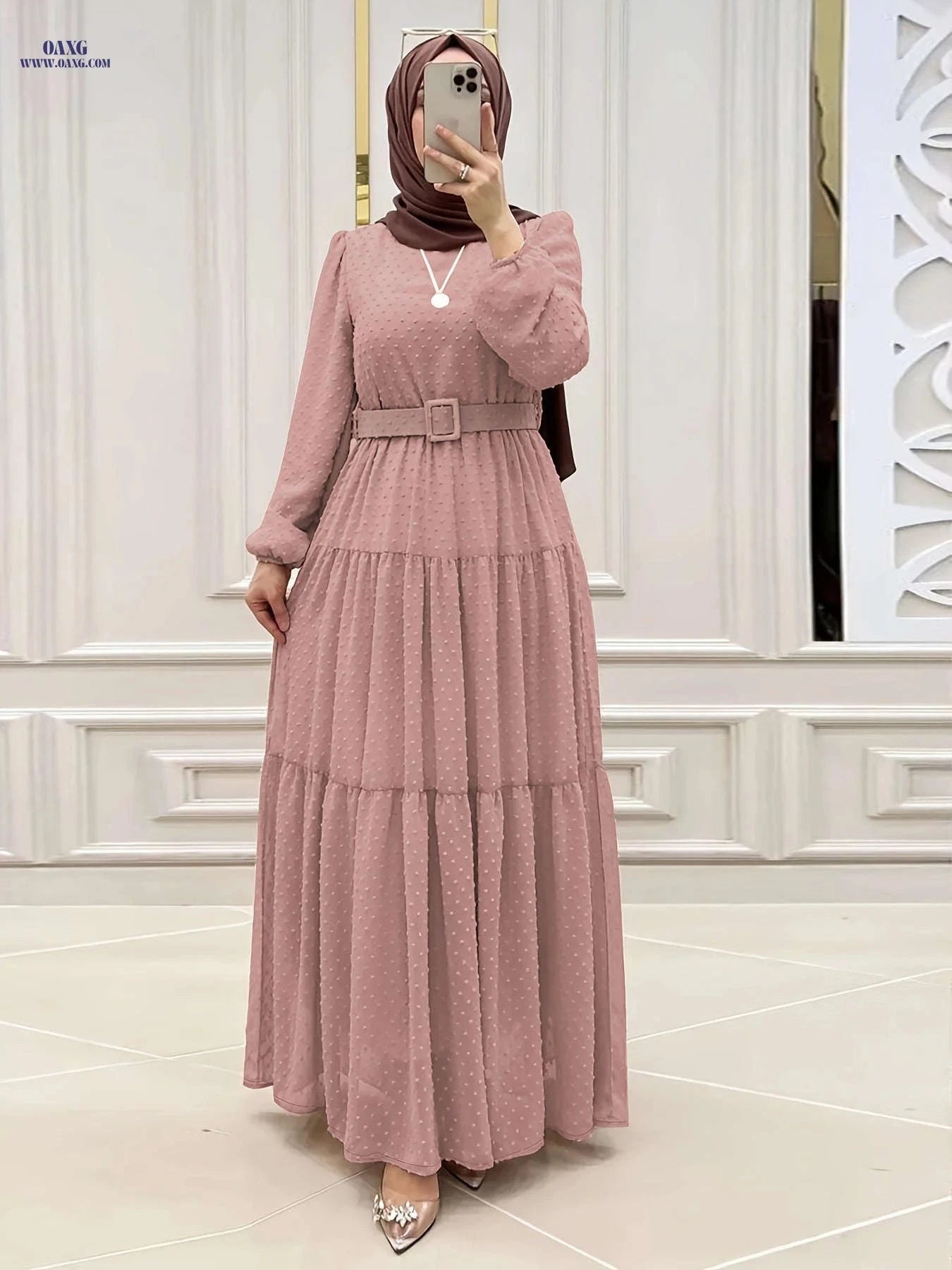 Women's Solid Color Long Robe Dress - Middle Eastern Style   OAXG Lotus Pink / S