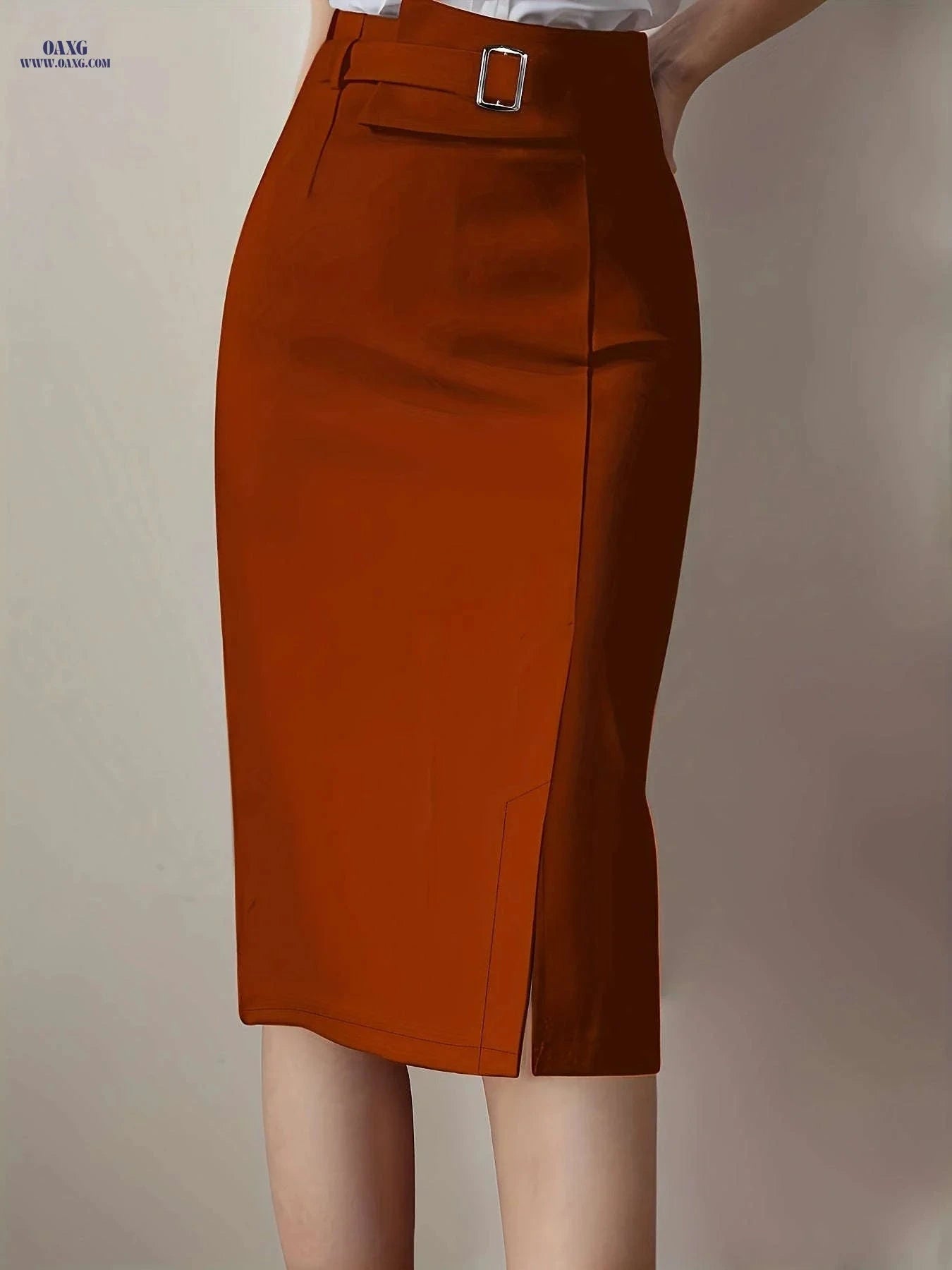 Women's Solid Color Maxi Skirt with Belt - Elegant Fall/Winter Style   OAXG Navy Blue / XS