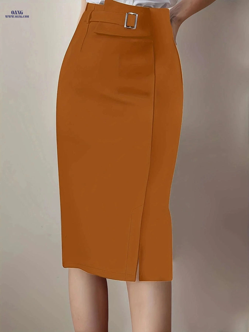 Women's Solid Color Maxi Skirt with Belt - Elegant Fall/Winter Style   OAXG Navy Blue / XS