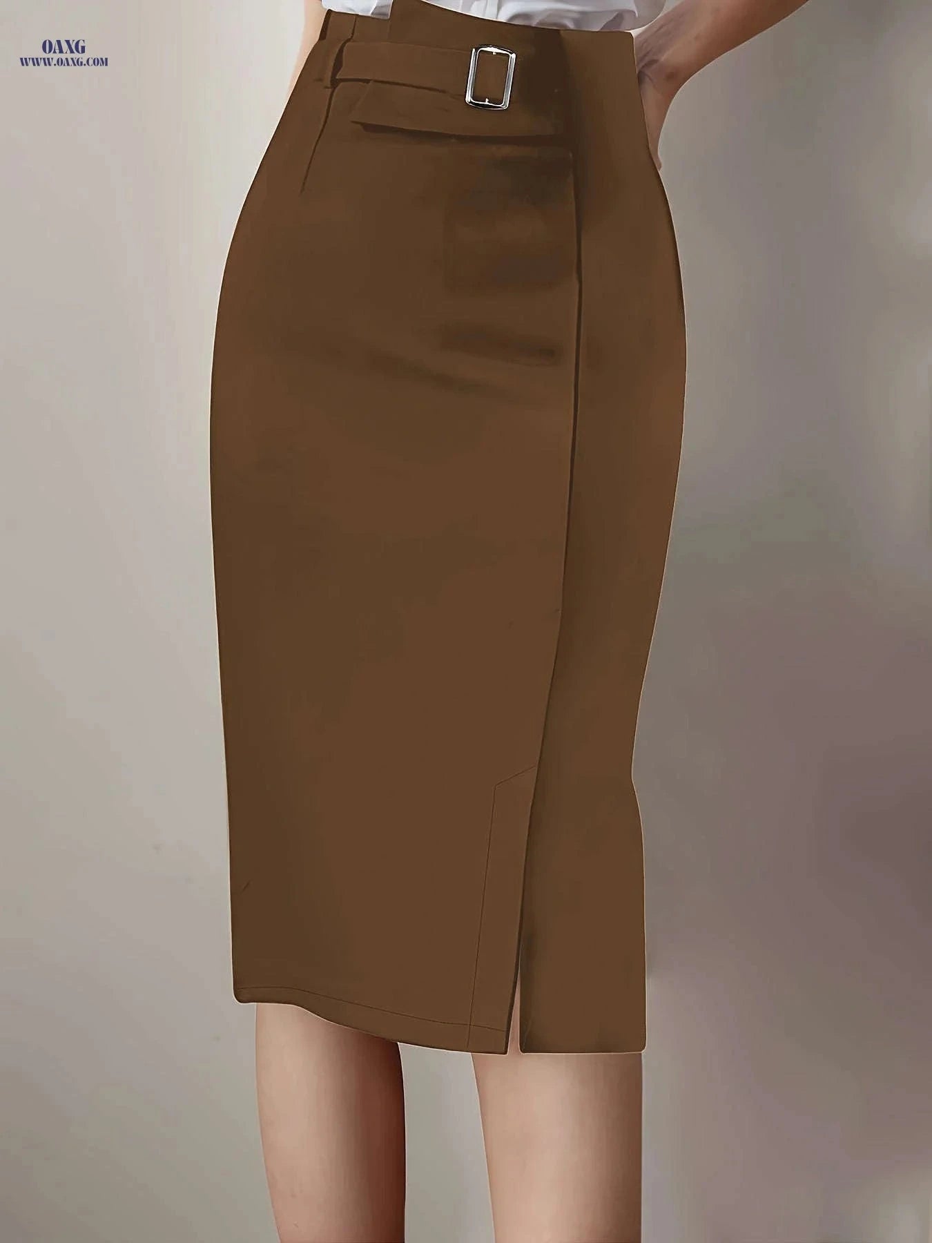 Women's Solid Color Maxi Skirt with Belt - Elegant Fall/Winter Style   OAXG Navy Blue / XS