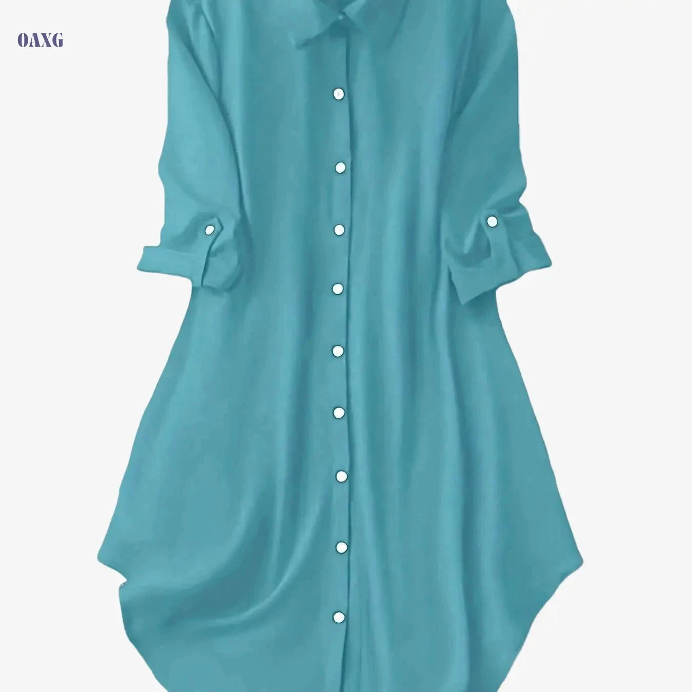 Women's Solid Color Mid-Sleeve Dress - Stylish Turn-Down Collar   OAXG 