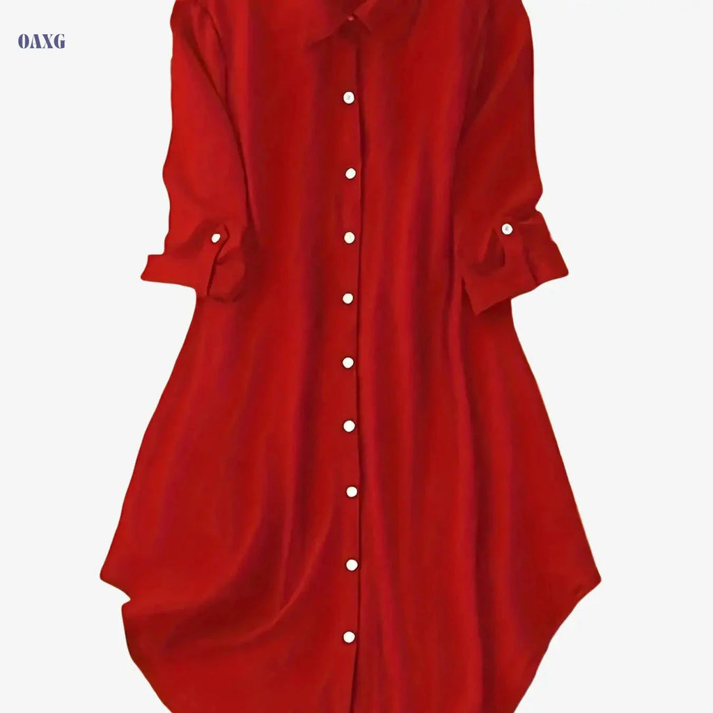 Women's Solid Color Mid-Sleeve Dress - Stylish Turn-Down Collar   OAXG 