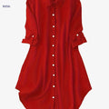 Women's Solid Color Mid-Sleeve Dress - Stylish Turn-Down Collar   OAXG 