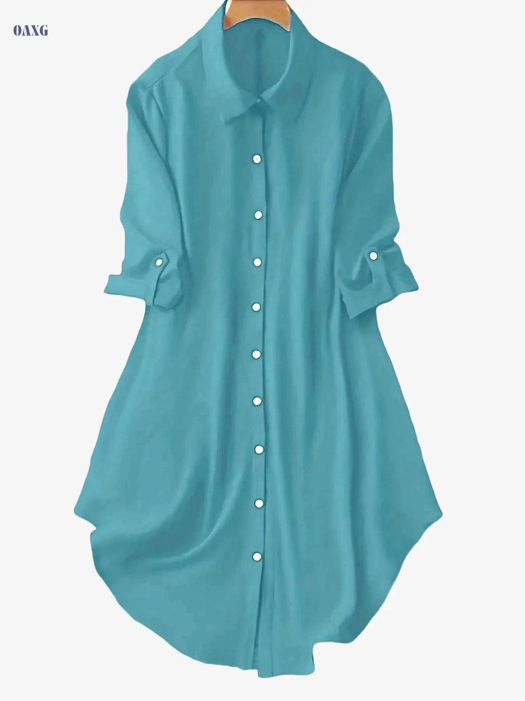 Women's Solid Color Mid-Sleeve Dress - Stylish Turn-Down Collar   OAXG 
