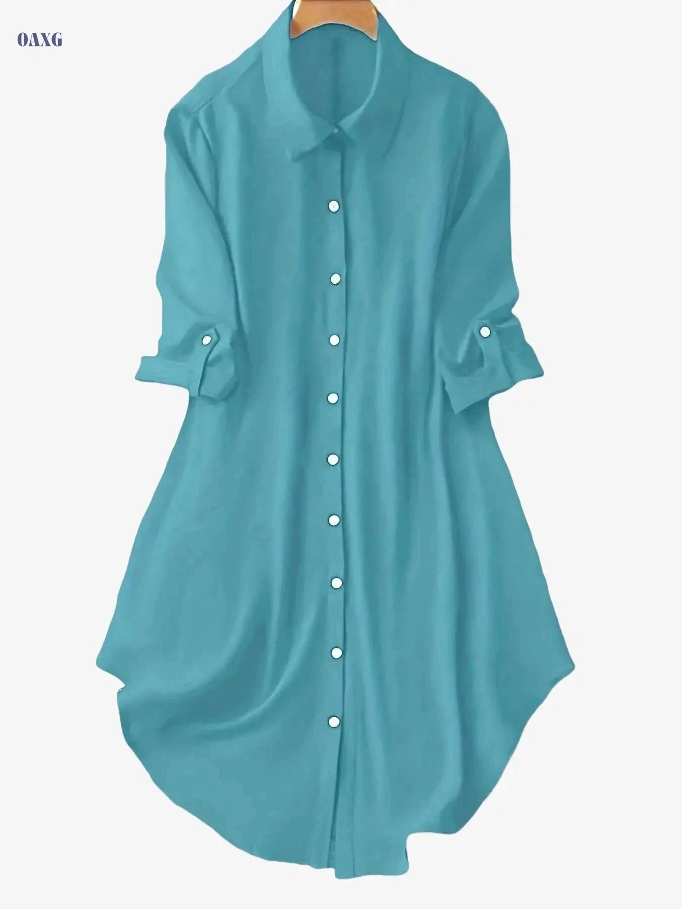 Women's Solid Color Mid-Sleeve Dress - Stylish Turn-Down Collar   OAXG 
