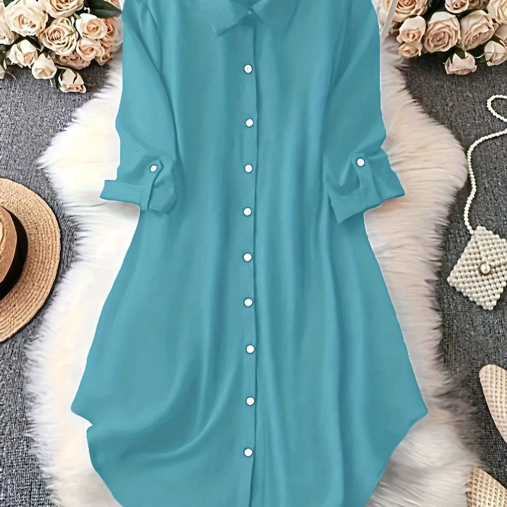 Women's Solid Color Mid-Sleeve Dress - Stylish Turn-Down Collar   OAXG 