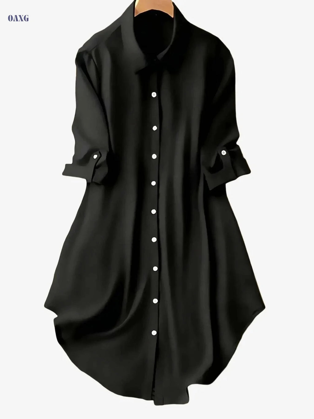 Women's Solid Color Mid-Sleeve Dress - Stylish Turn-Down Collar   OAXG 