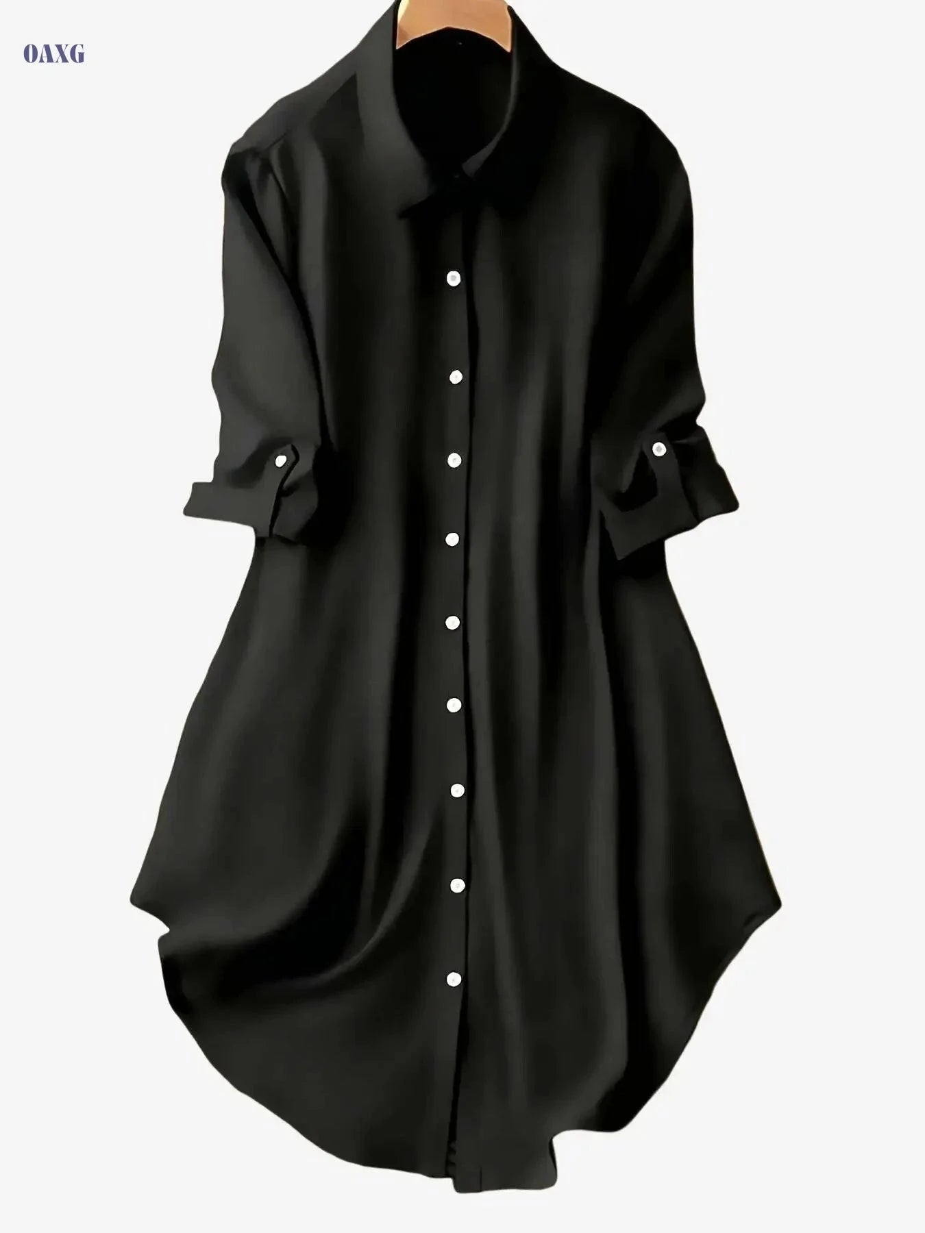 Women's Solid Color Mid-Sleeve Dress - Stylish Turn-Down Collar   OAXG 