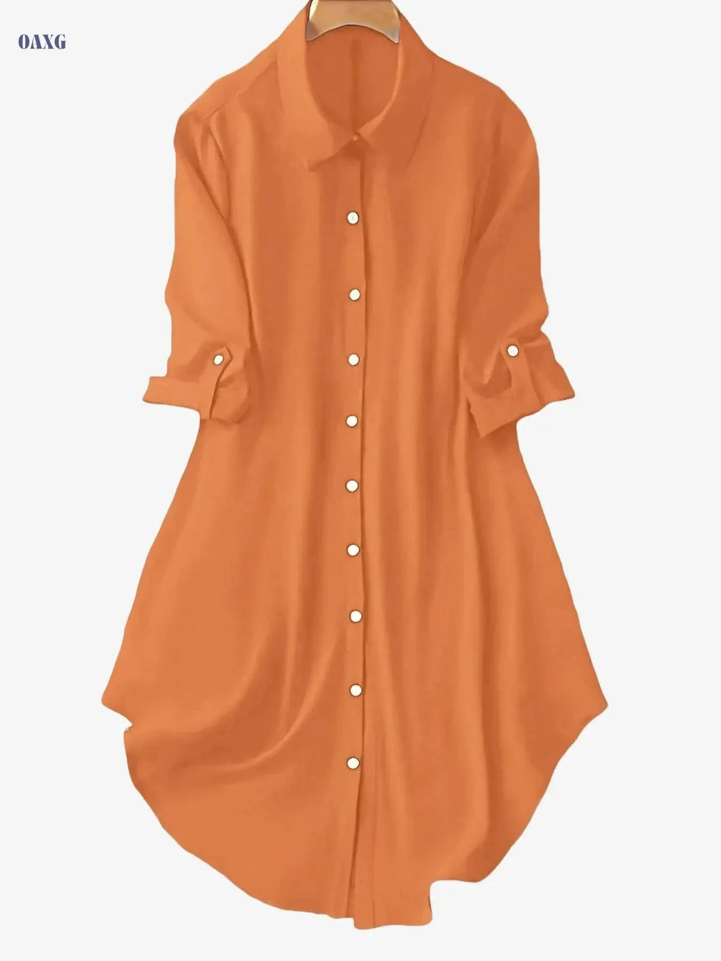 Women's Solid Color Mid-Sleeve Dress - Stylish Turn-Down Collar   OAXG 