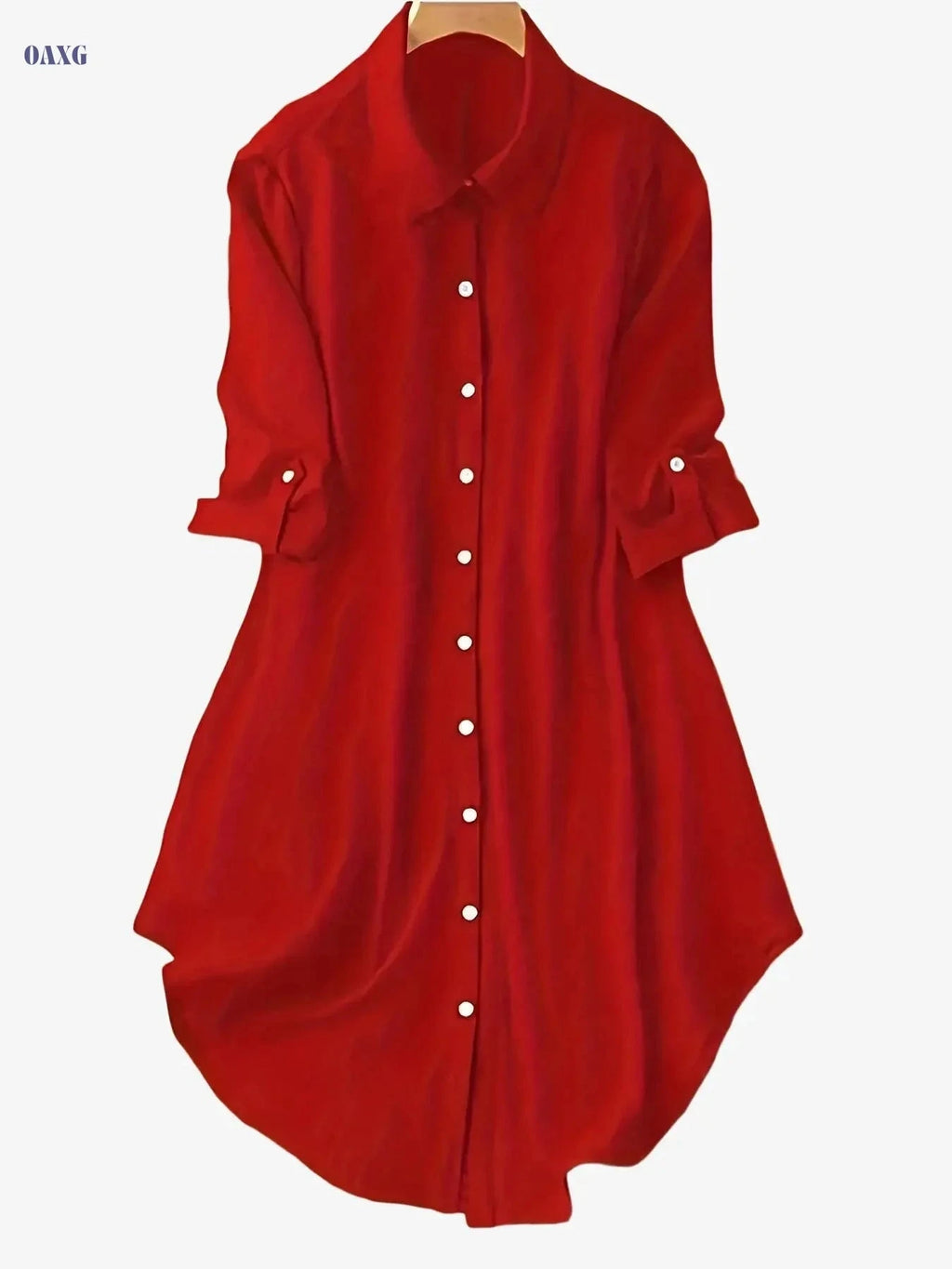 Women's Solid Color Mid-Sleeve Dress - Stylish Turn-Down Collar   OAXG Red / XS
