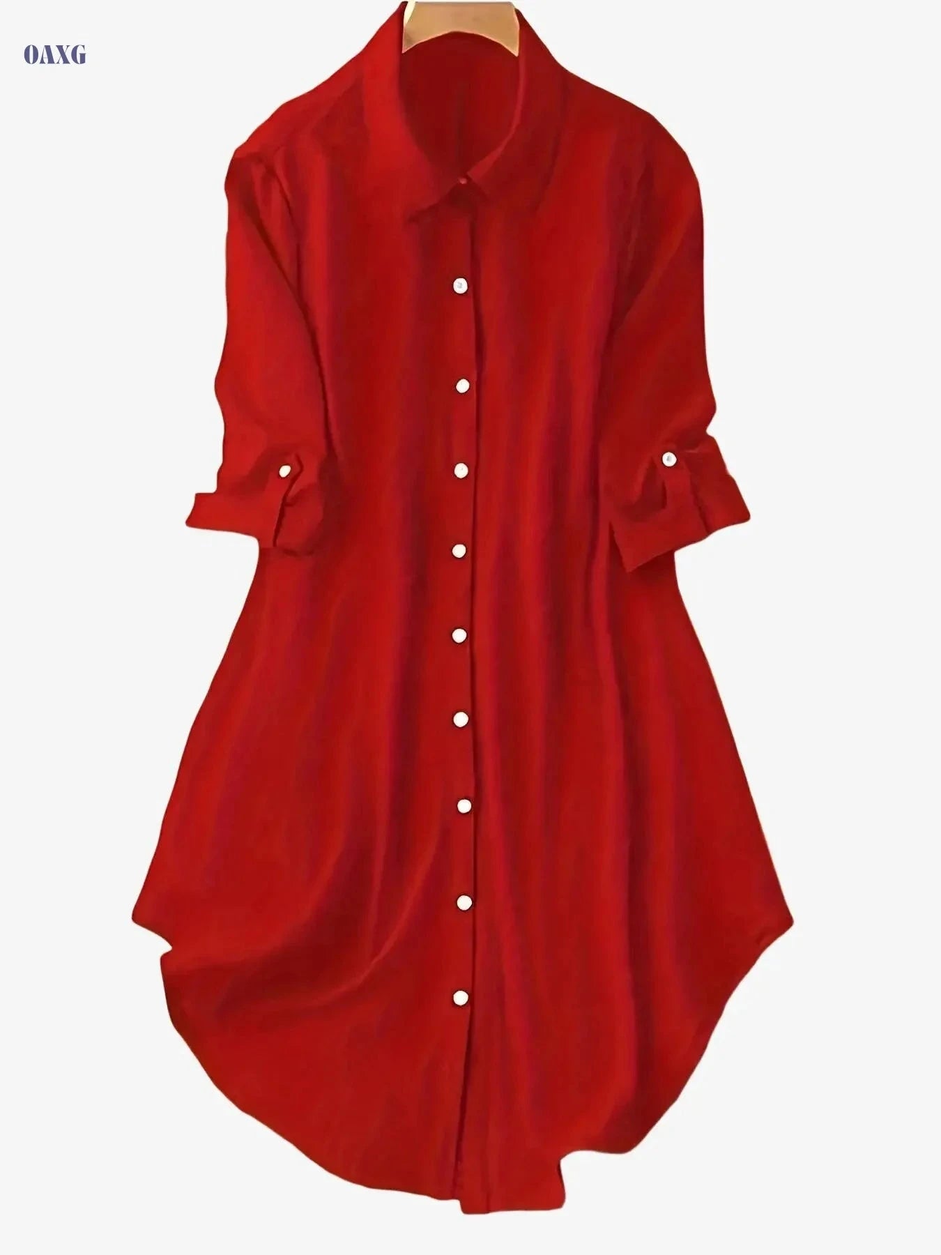 Women's Solid Color Mid-Sleeve Dress - Stylish Turn-Down Collar   OAXG Red / XS