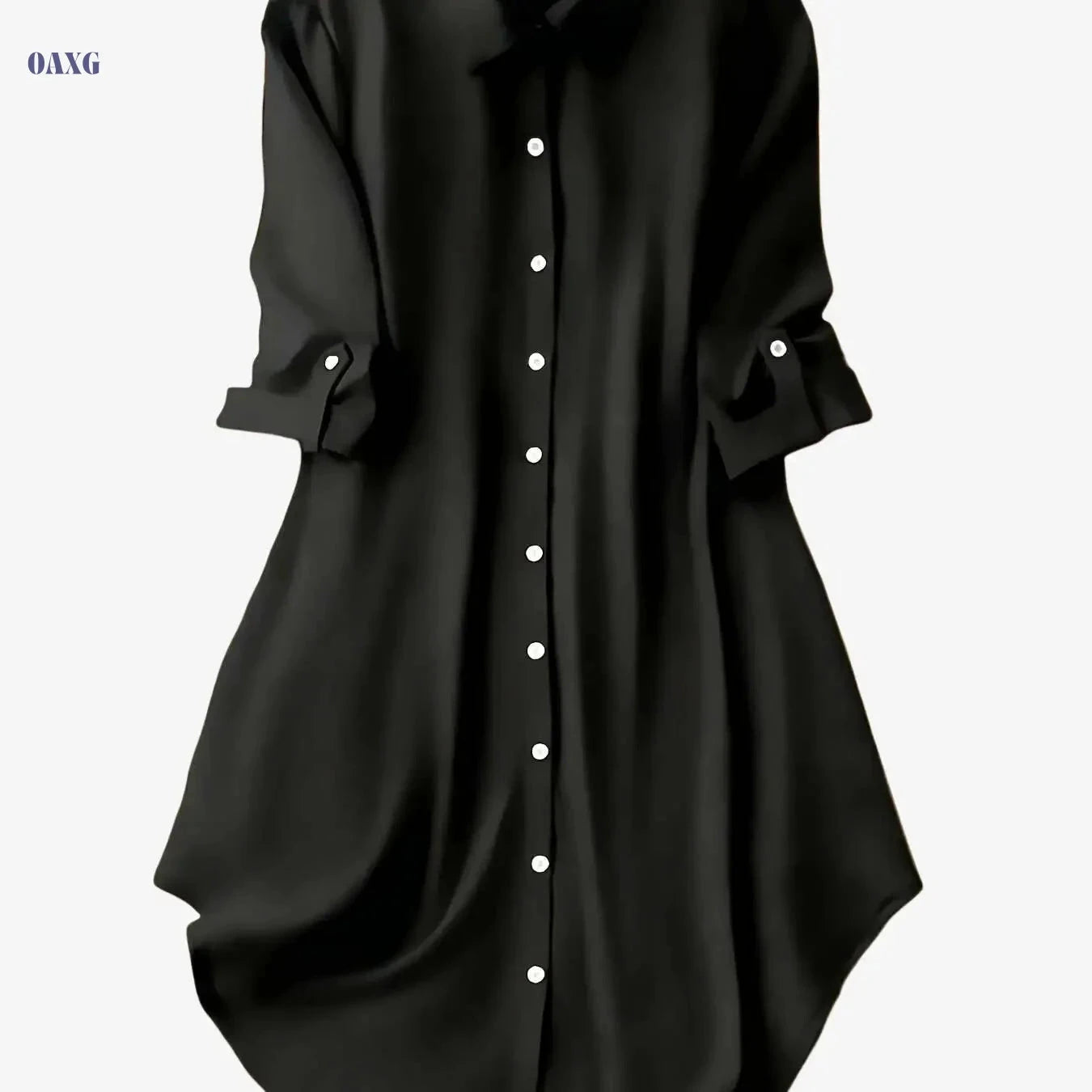 Women's Solid Color Mid-Sleeve Dress - Stylish Turn-Down Collar   OAXG 