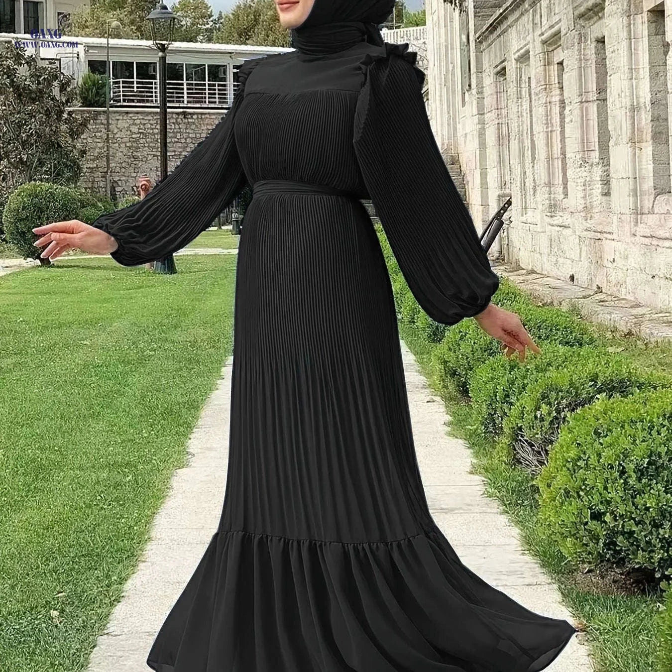 Women's Solid Color Pleated Dress - Casual Long Length Style   OAXG 