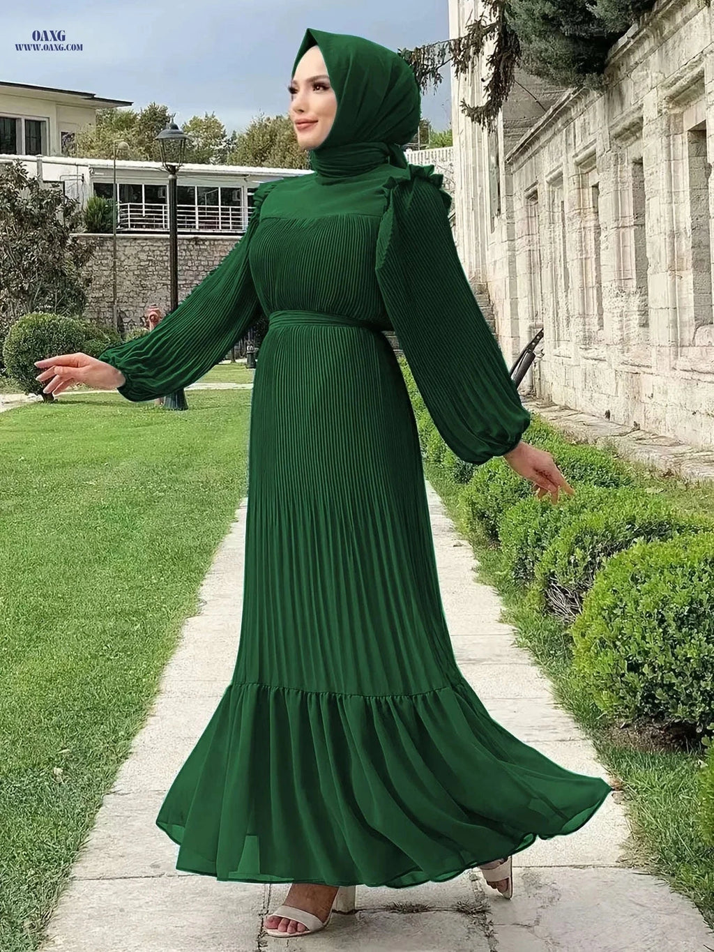 Women's Solid Color Pleated Dress - Casual Long Length Style   OAXG 