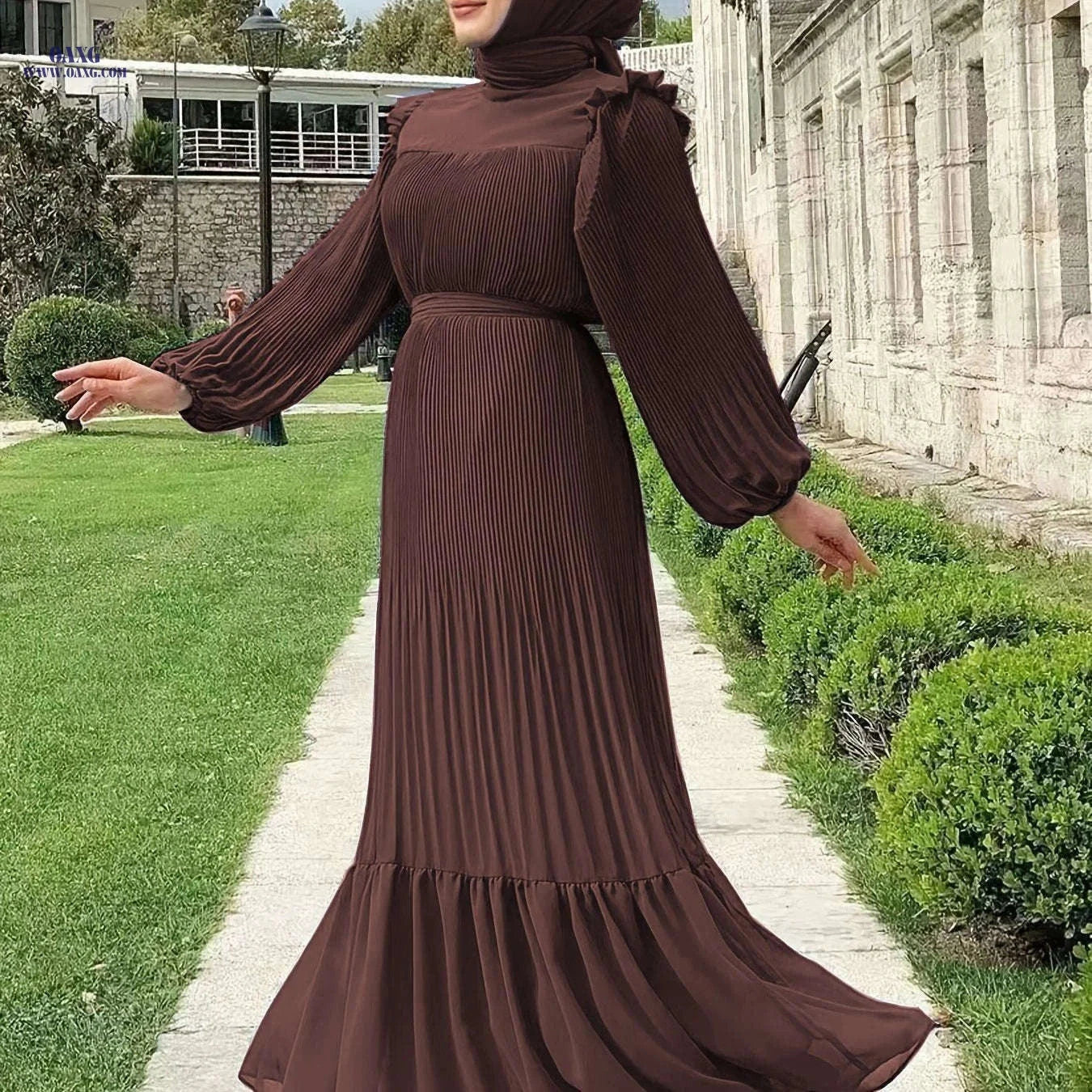 Women's Solid Color Pleated Dress - Casual Long Length Style   OAXG 