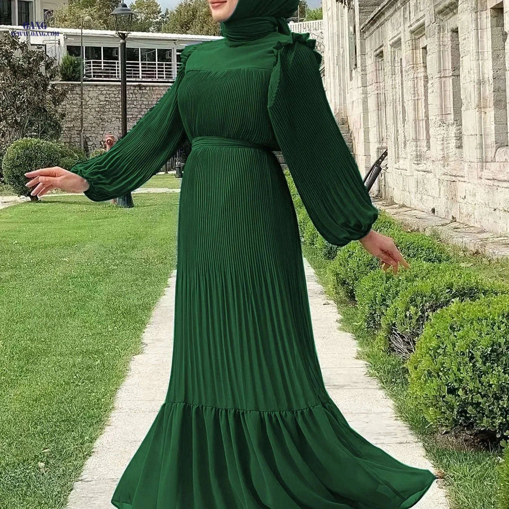 Women's Solid Color Pleated Dress - Casual Long Length Style   OAXG Dark Green / S