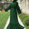 Women's Solid Color Pleated Dress - Casual Long Length Style   OAXG Dark Green / S