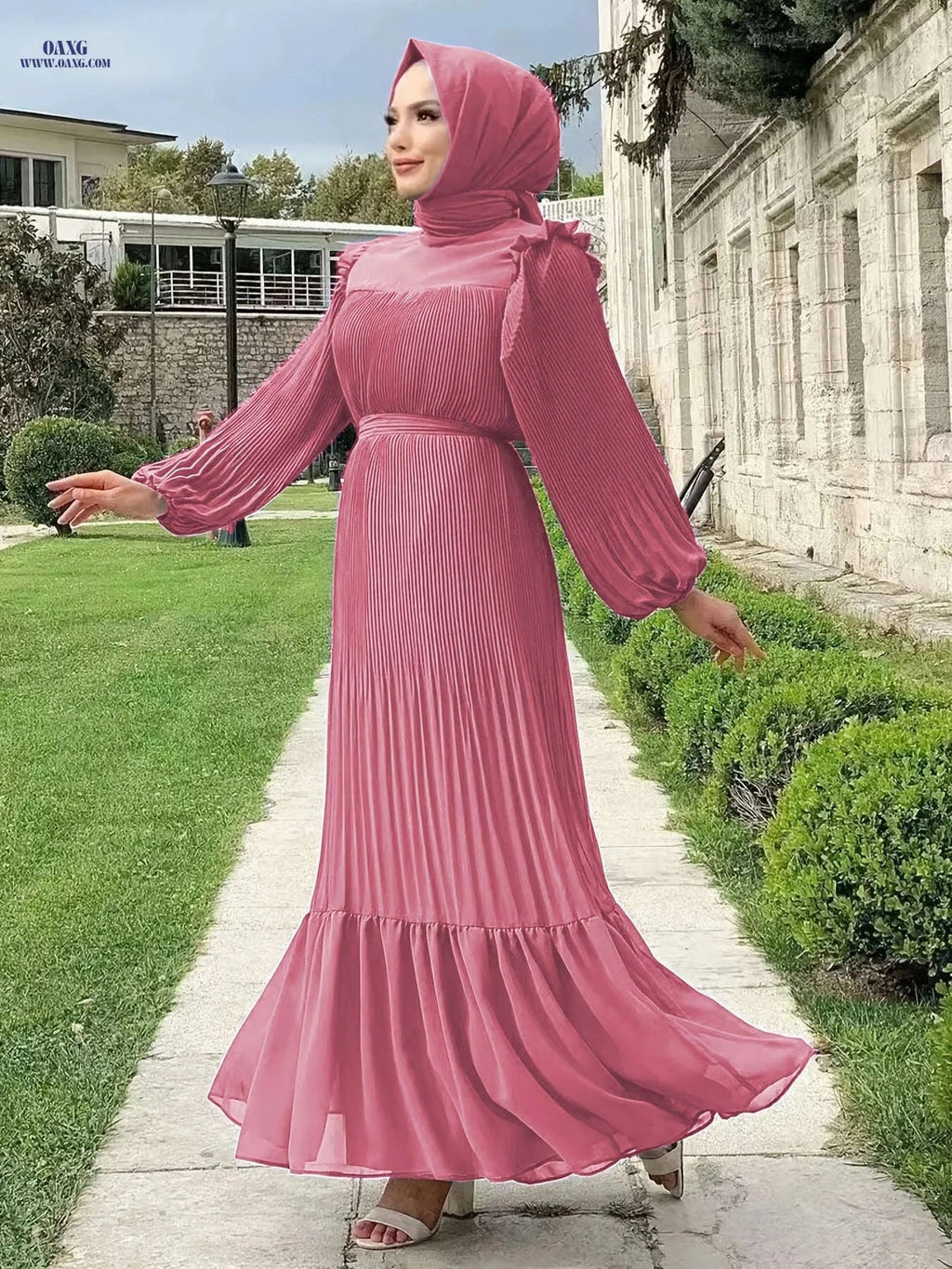Women's Solid Color Pleated Dress - Casual Long Length Style   OAXG 