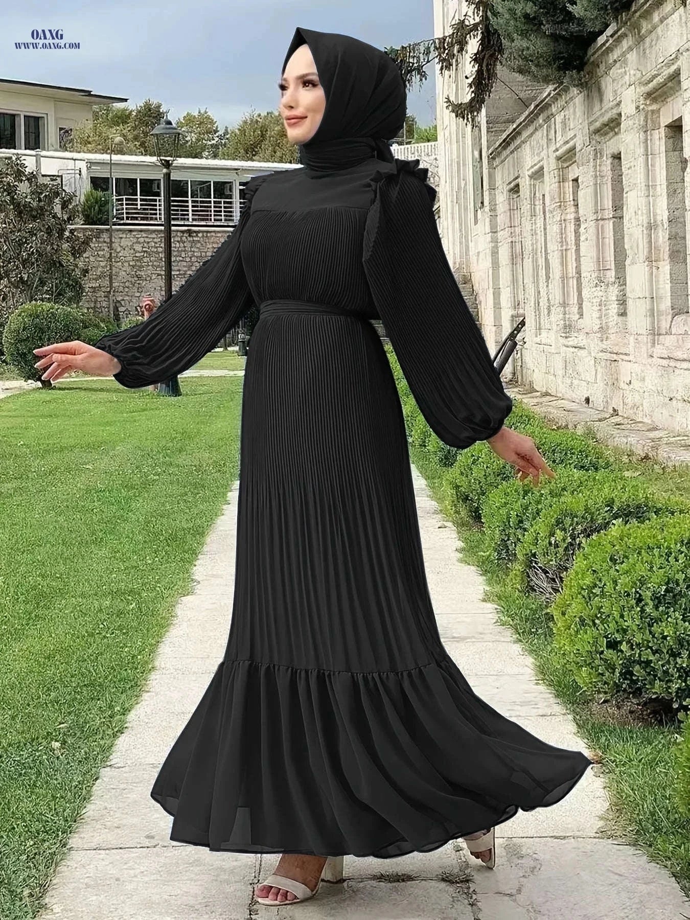 Women's Solid Color Pleated Dress - Casual Long Length Style   OAXG 