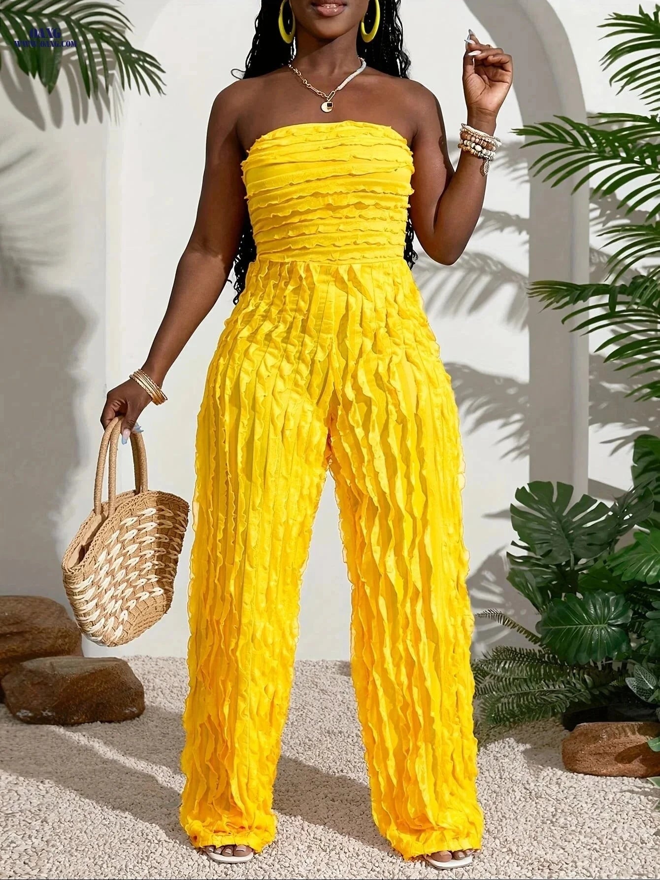 Women's Solid Color Pleated Jumpsuit - Casual Summer Wear   OAXG 