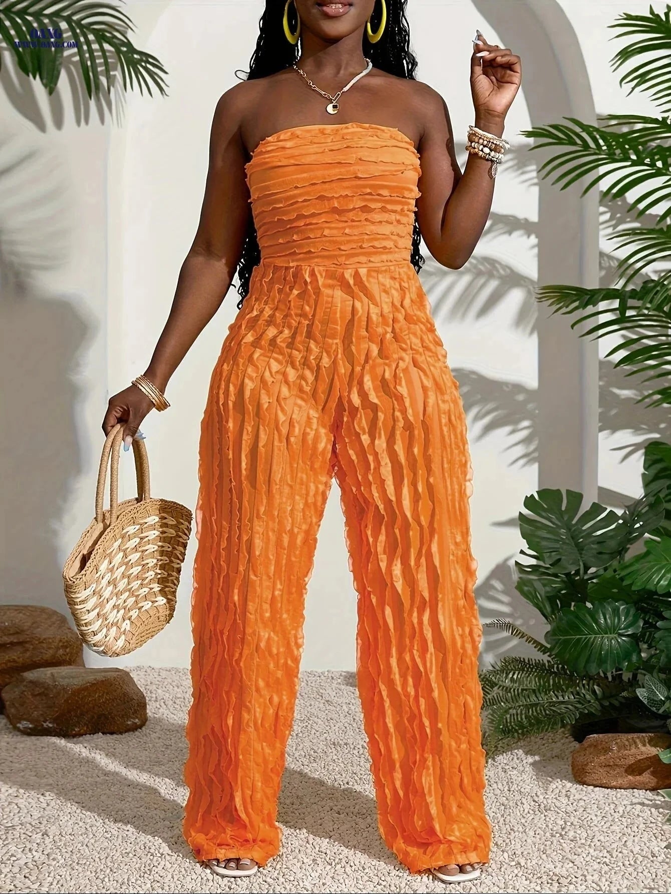 Women's Solid Color Pleated Jumpsuit - Casual Summer Wear   OAXG Tangerine / S