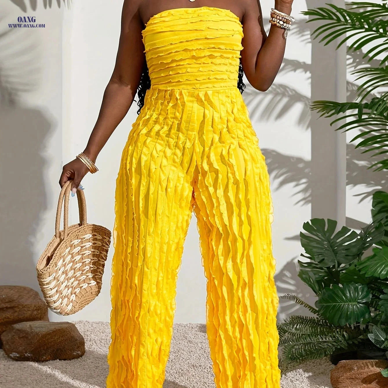 Women's Solid Color Pleated Jumpsuit - Casual Summer Wear   OAXG Tangerine / S