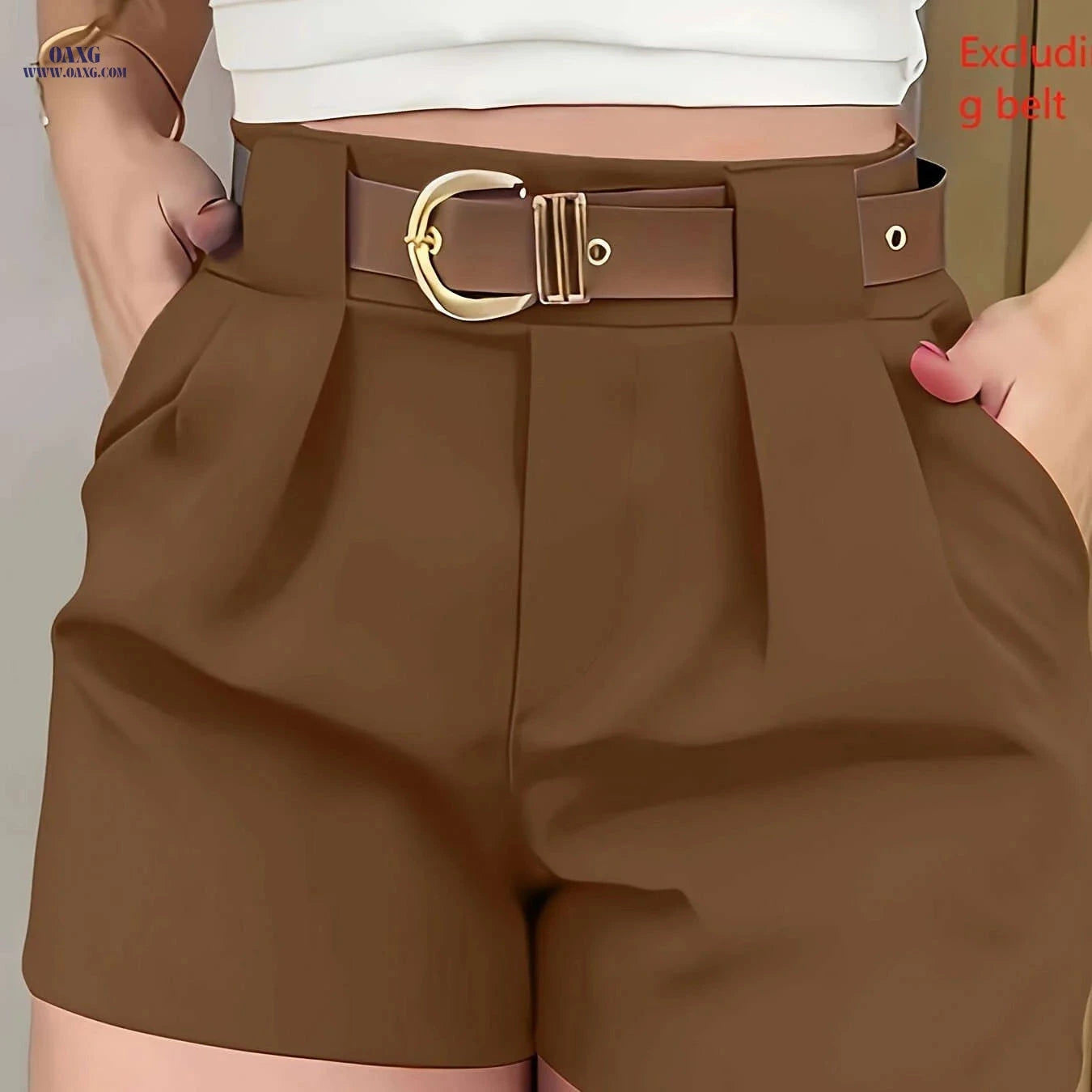 Women's Solid Color Pleated Wide Leg Casual Shorts - 100% Polyester   OAXG 