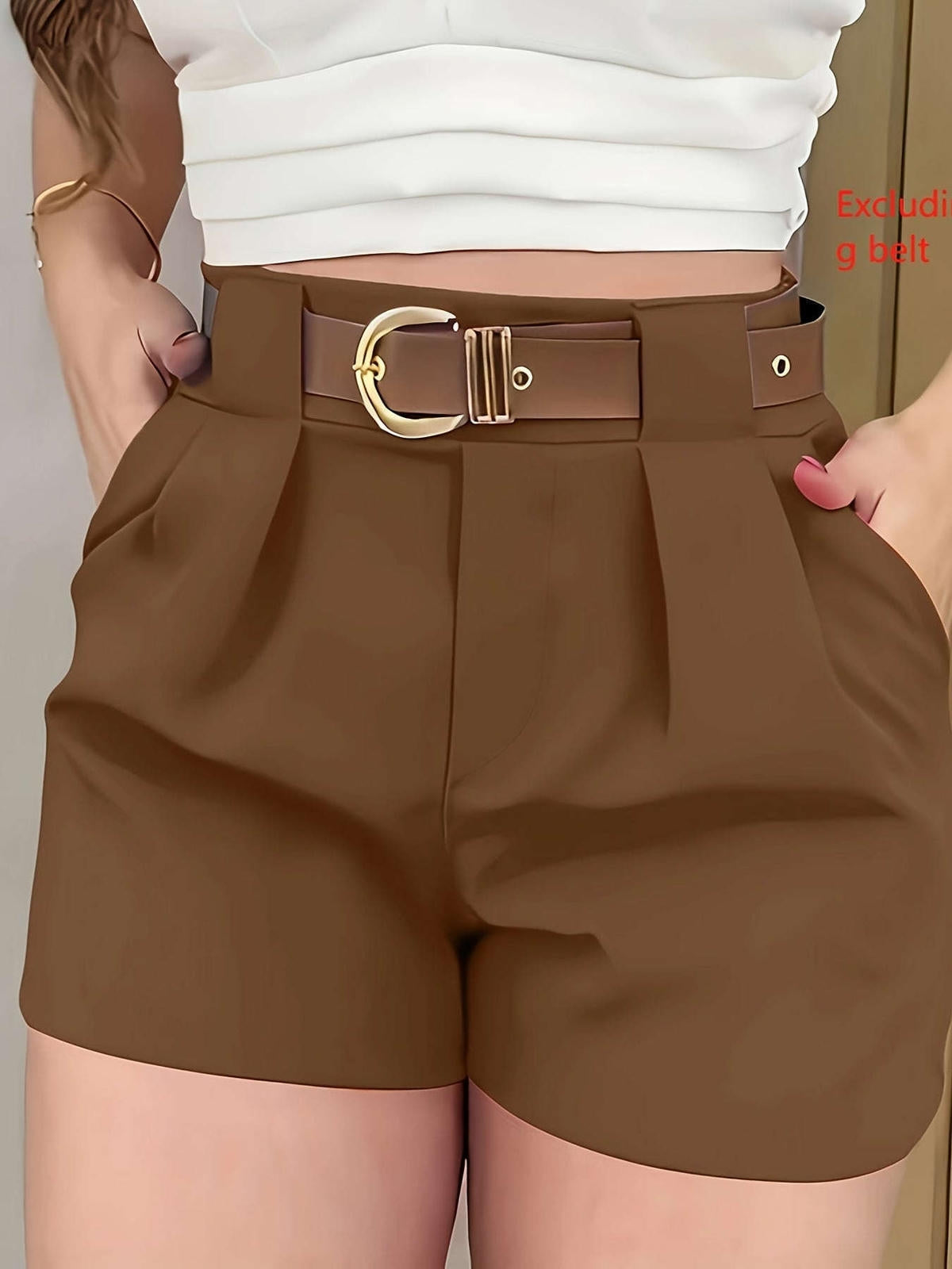 Women's Solid Color Pleated Wide Leg Casual Shorts - 100% Polyester   OAXG 