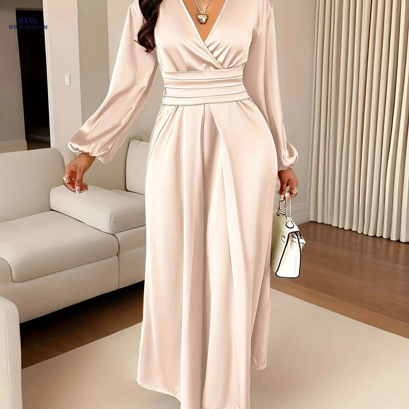 Women's Solid Color Satin Dress - Pleated Deep V Neck Style   OAXG 