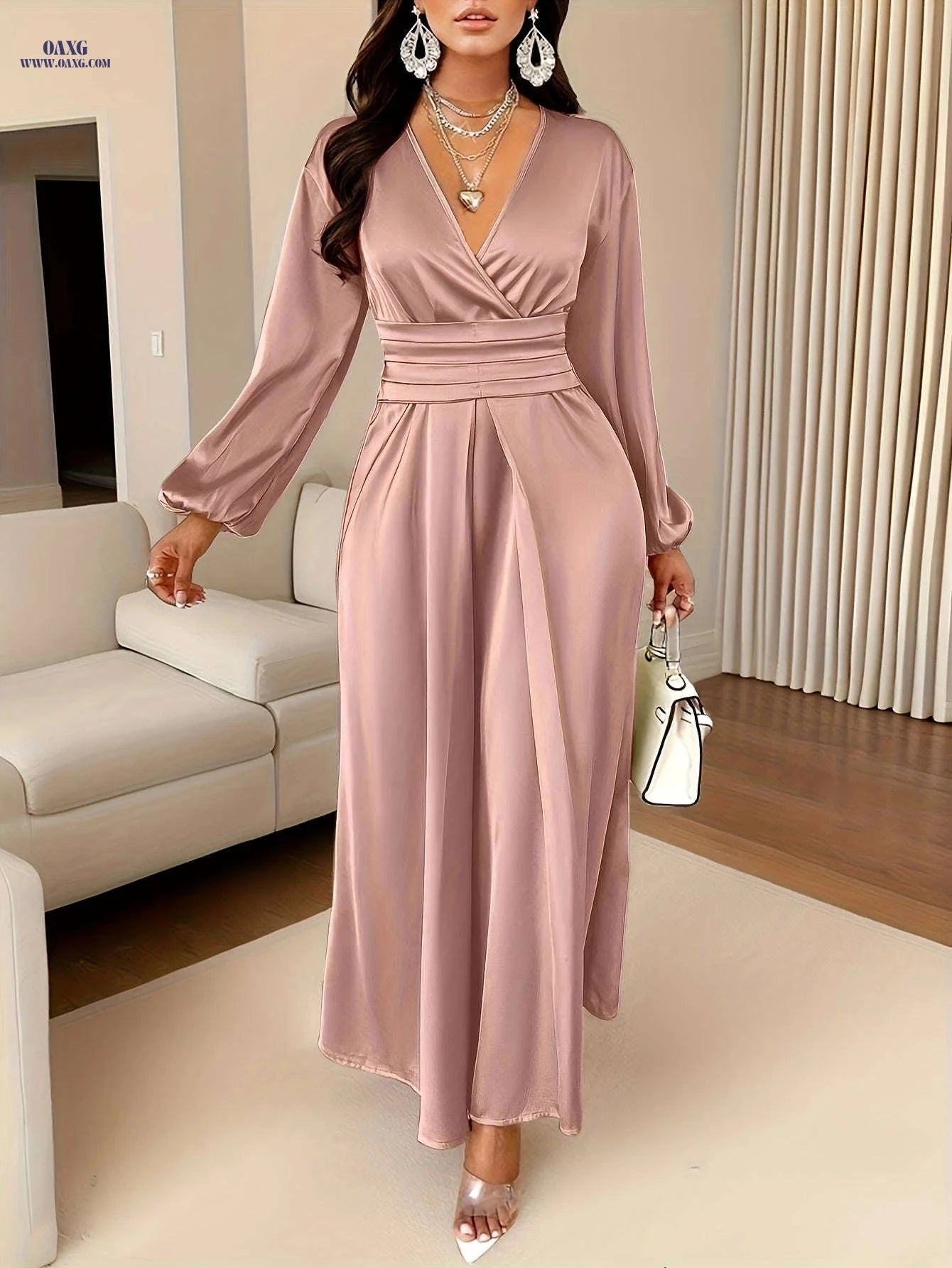Women's Solid Color Satin Dress - Pleated Deep V Neck Style   OAXG 