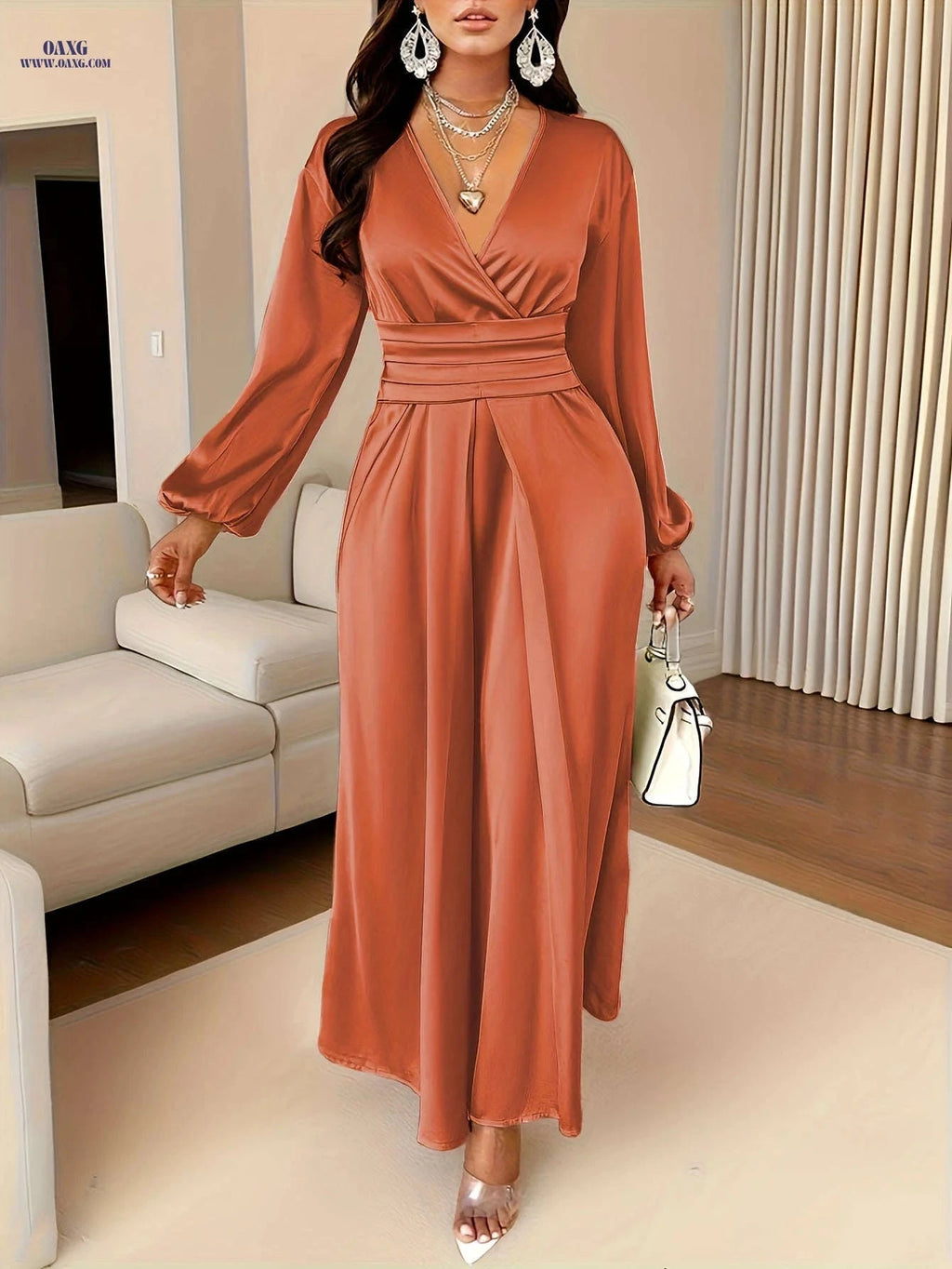 Women's Solid Color Satin Dress - Pleated Deep V Neck Style   OAXG 