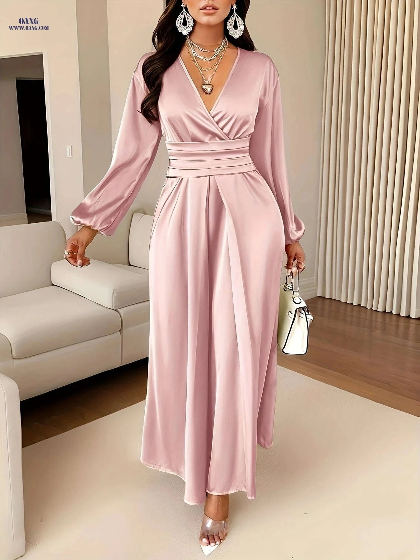 Women's Solid Color Satin Dress - Pleated Deep V Neck Style   OAXG 