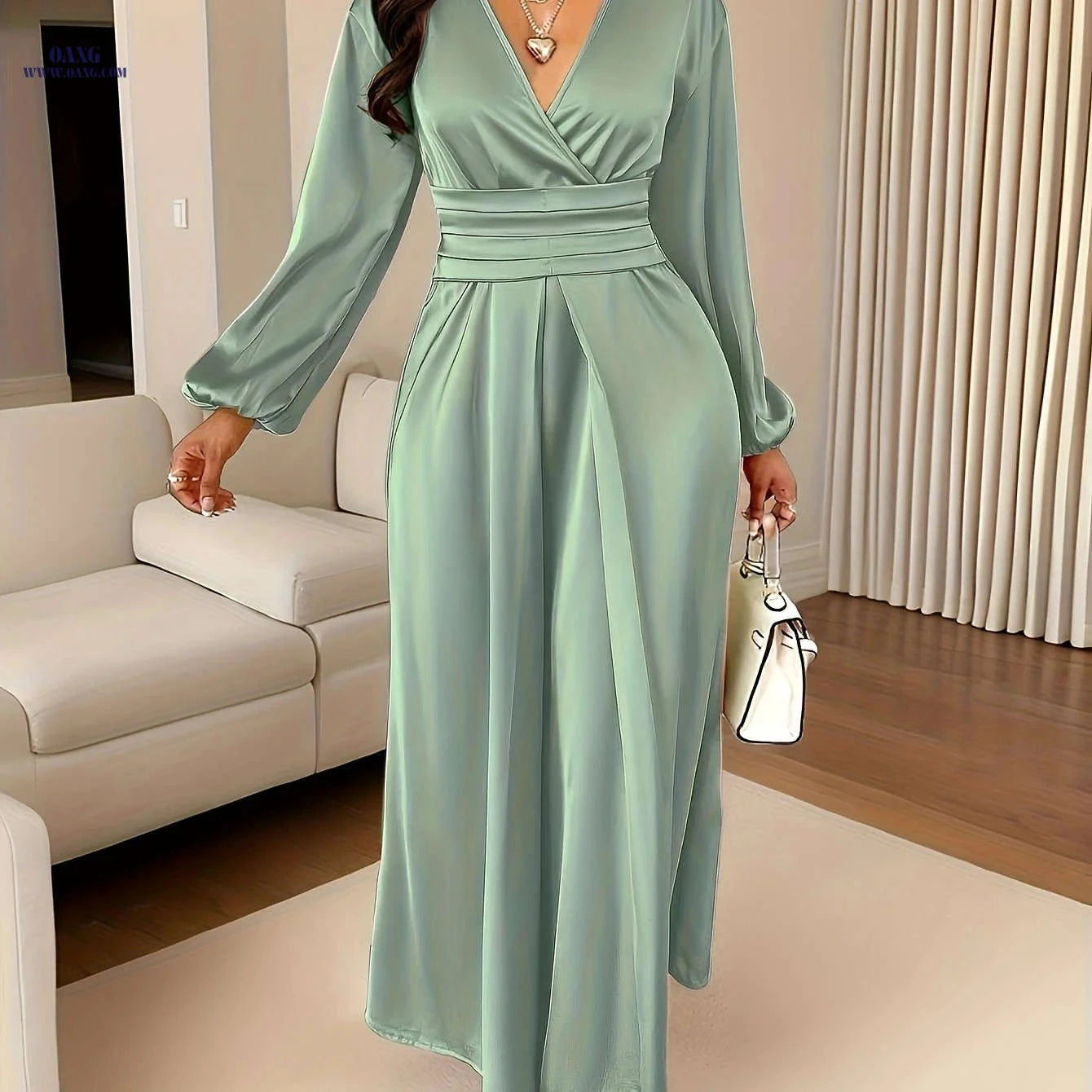 Women's Solid Color Satin Dress - Pleated Deep V Neck Style   OAXG Pink Color / S