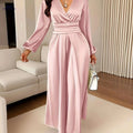 Women's Solid Color Satin Dress - Pleated Deep V Neck Style   OAXG Pink Color / S