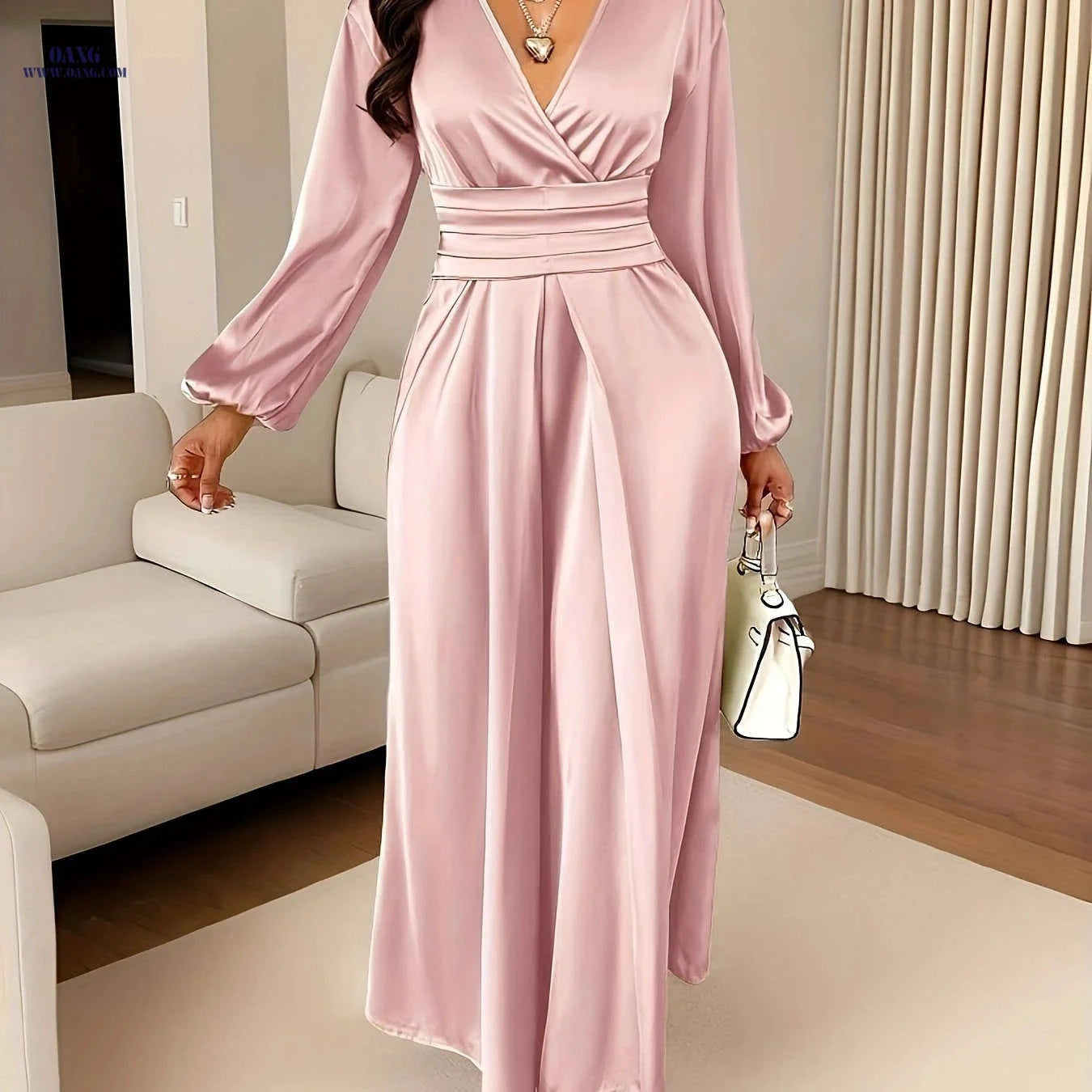 Women's Solid Color Satin Dress - Pleated Deep V Neck Style   OAXG Pink Color / S