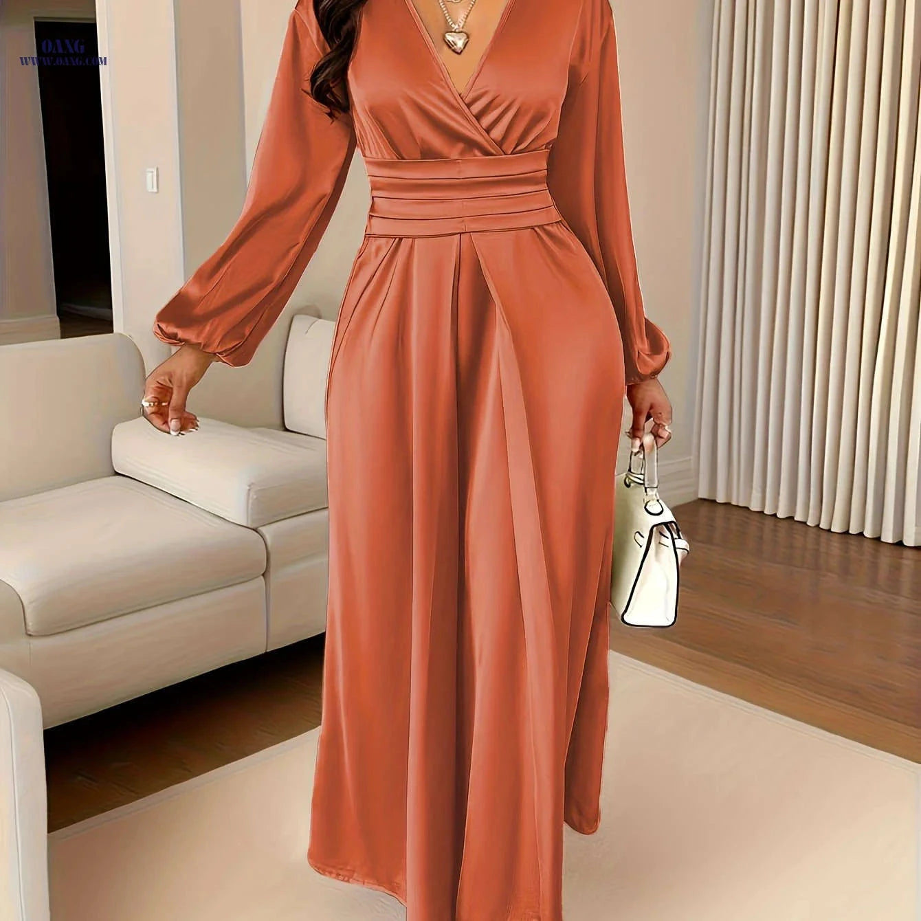 Women's Solid Color Satin Dress - Pleated Deep V Neck Style   OAXG Pink Color / S