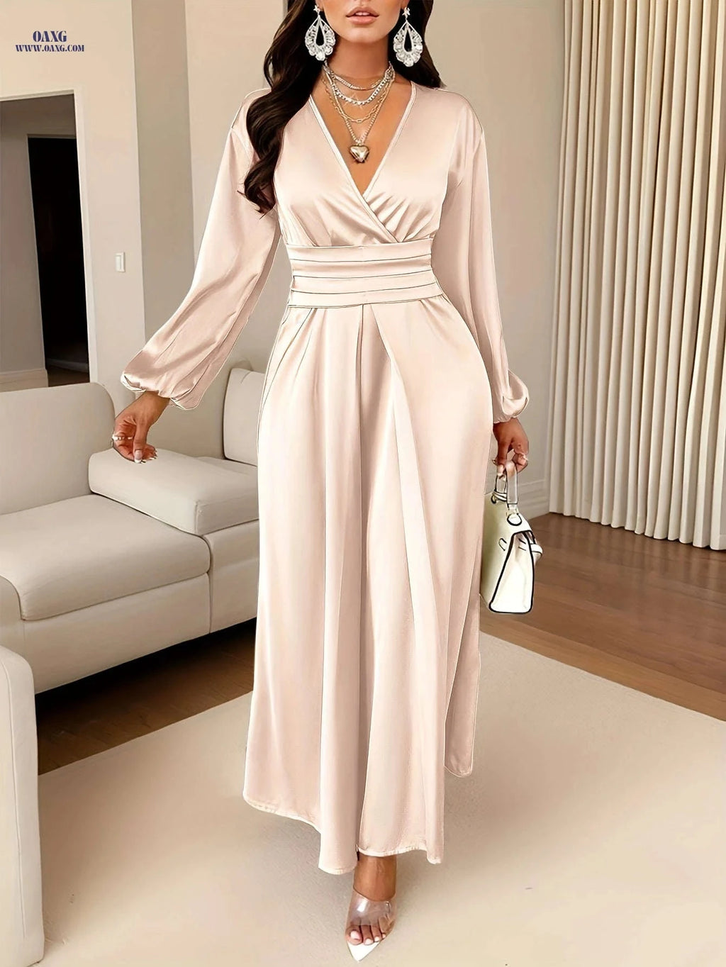 Women's Solid Color Satin Dress - Pleated Deep V Neck Style   OAXG 