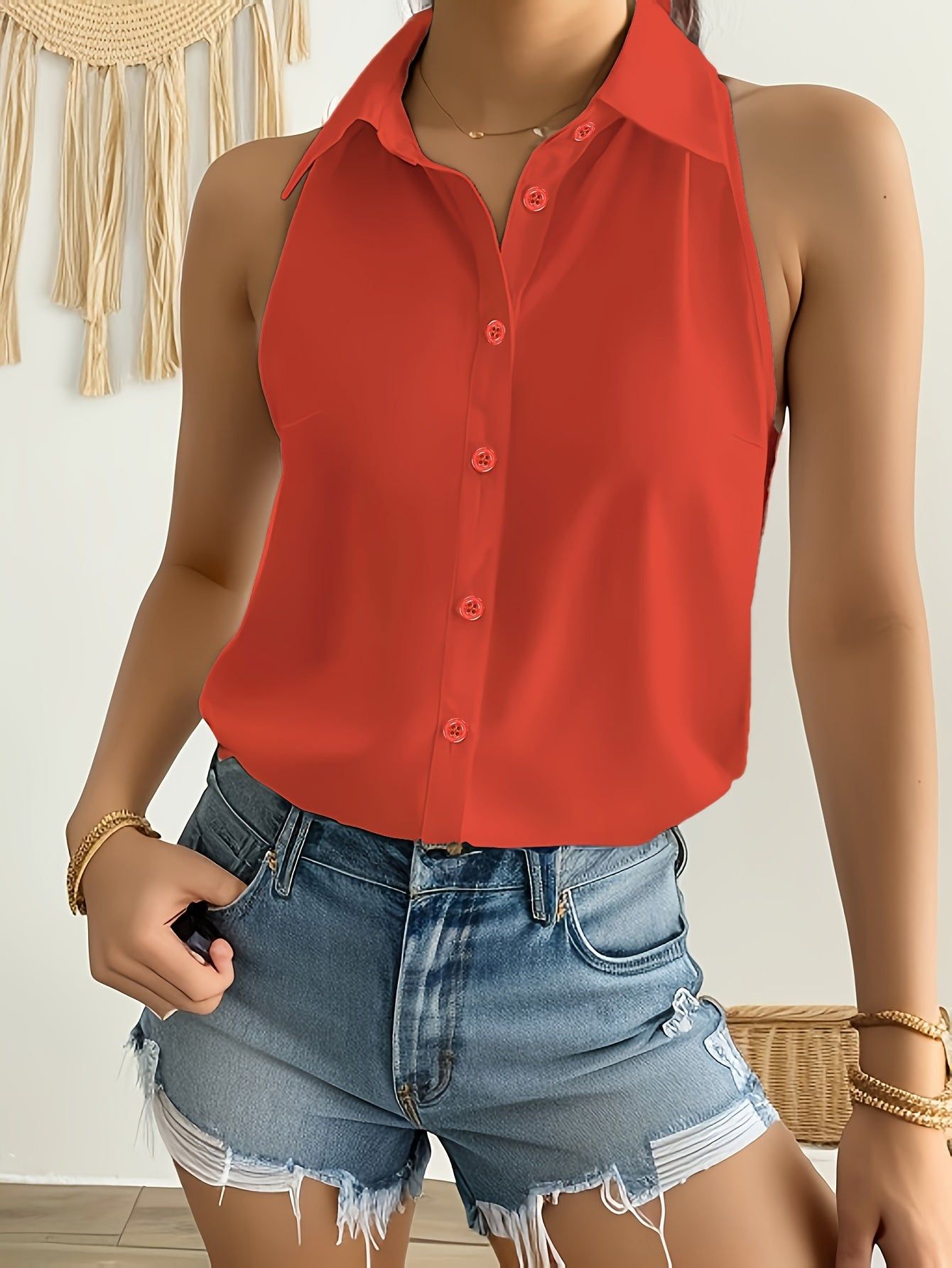 Women'S Solid Color Shirt Collar Button Front Sleeveless Shirt   OAXG White / S