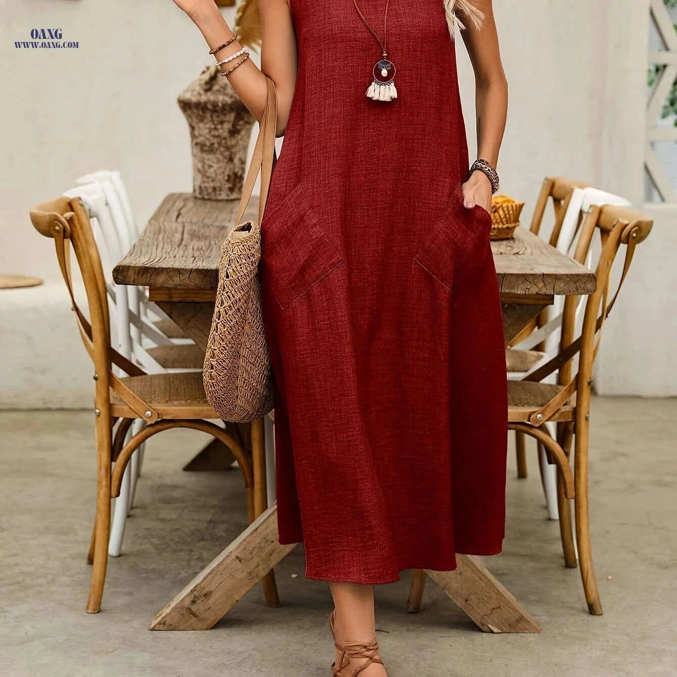Women’s Solid Color Sleeveless Dress - Casual Summer Attire   OAXG 