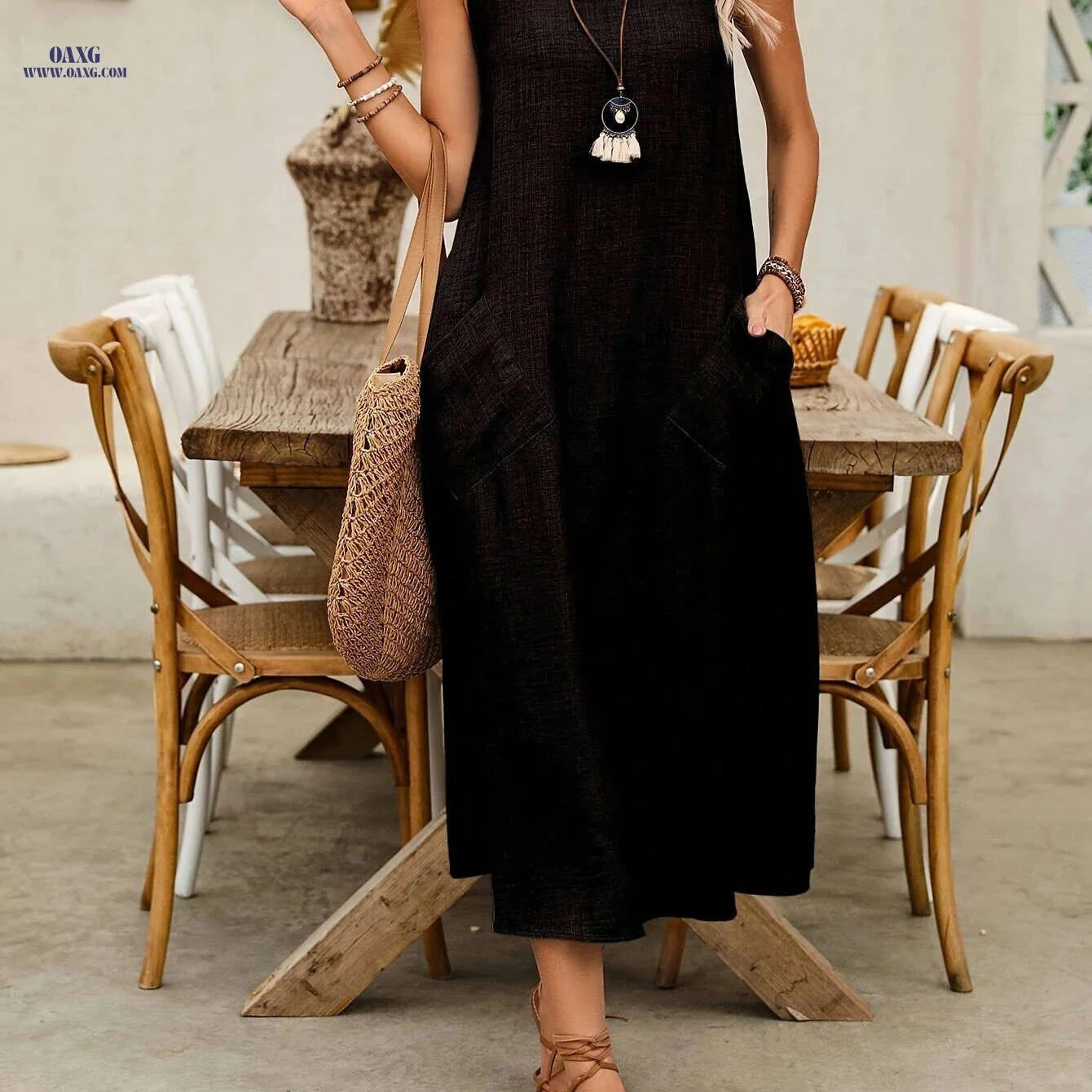 Women’s Solid Color Sleeveless Dress - Casual Summer Attire   OAXG 