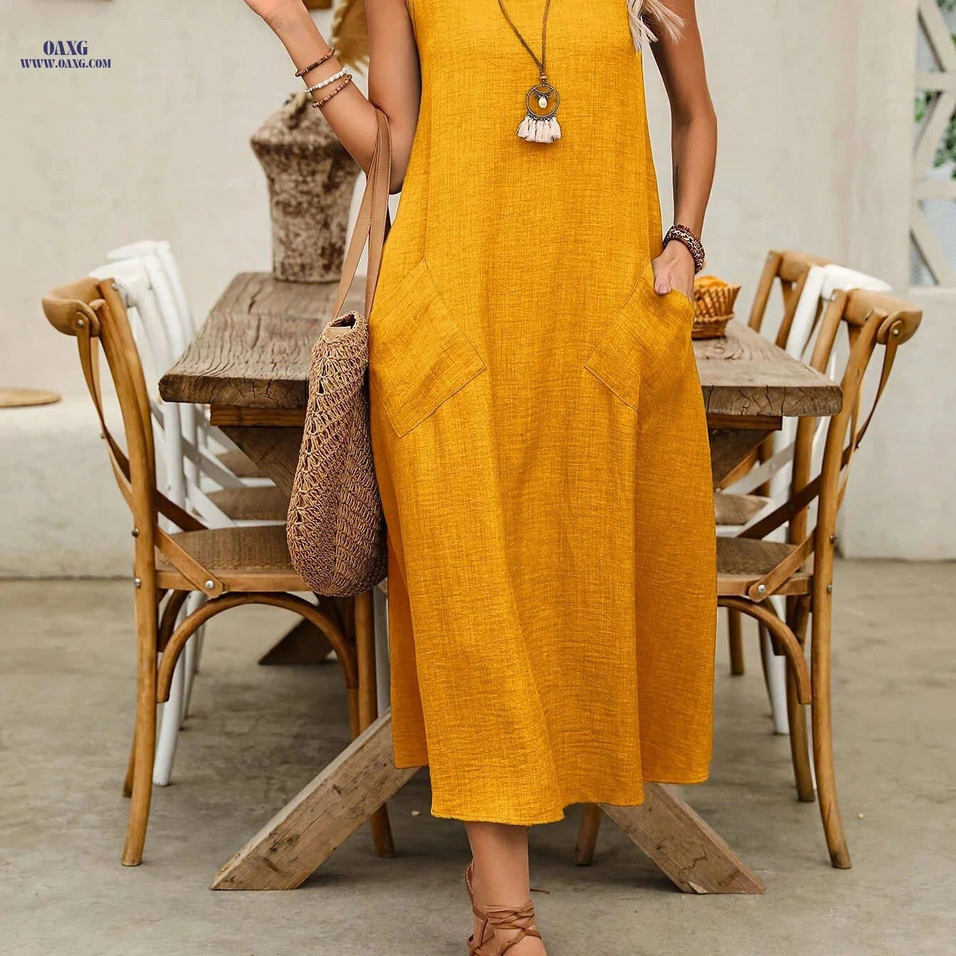 Women’s Solid Color Sleeveless Dress - Casual Summer Attire   OAXG Apricot / S