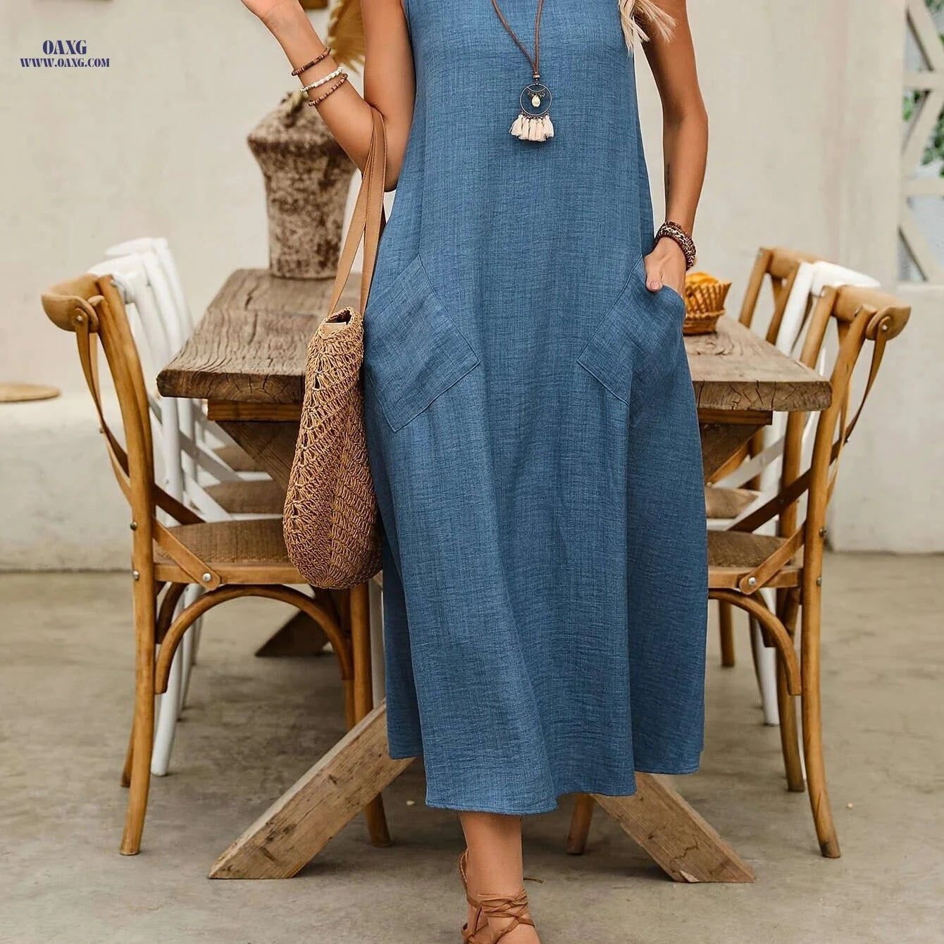 Women’s Solid Color Sleeveless Dress - Casual Summer Attire   OAXG Apricot / S