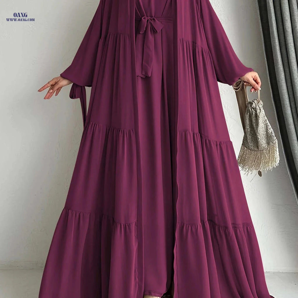 Women's Solid Color Vest Dress & Robe Jacket – Stylish Muslim Wear   OAXG 