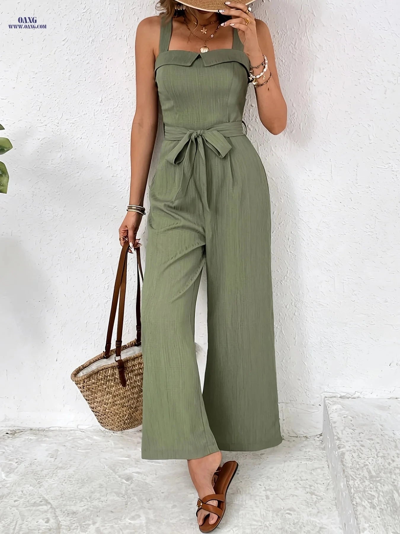 Women's Solid Color Wide-Leg Jumpsuit - Summer Vacation Style   OAXG Army Green / XS