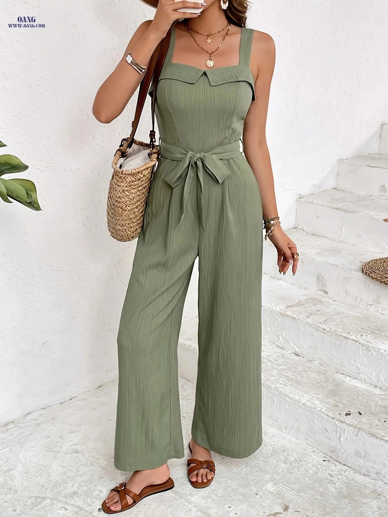 Women's Solid Color Wide-Leg Jumpsuit - Summer Vacation Style   OAXG 