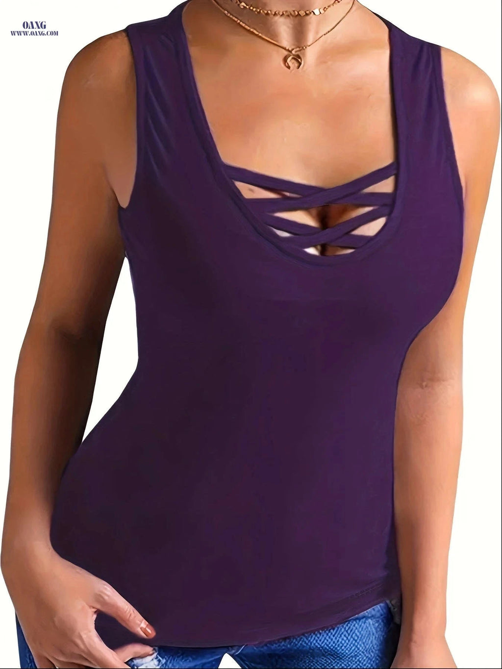 Women's Solid Criss Cross Tank Top - Casual Summer Sleeveless Wear   OAXG 
