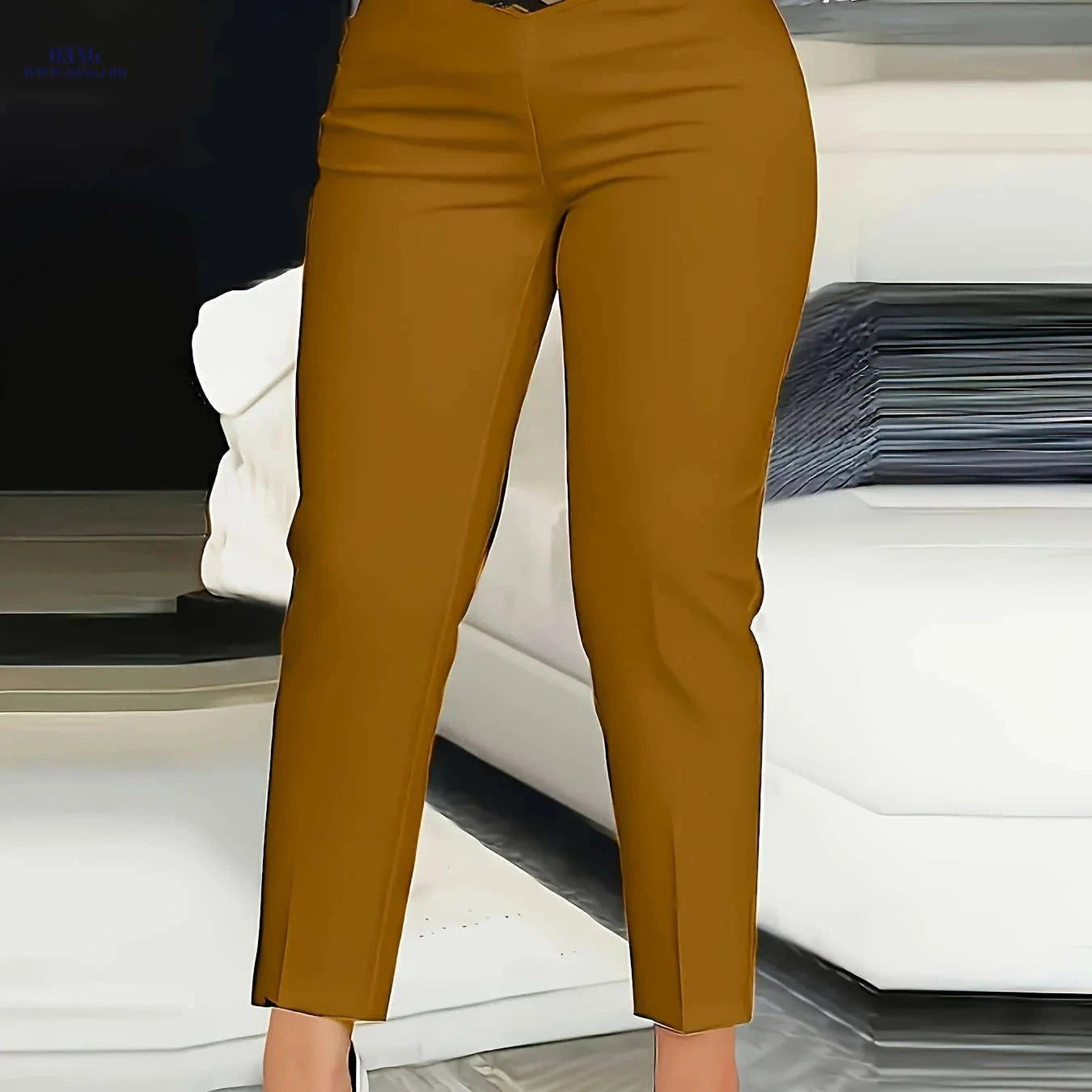 Women's Solid High-Waist Pencil Pants - Casual Webbing Design   OAXG Black / S