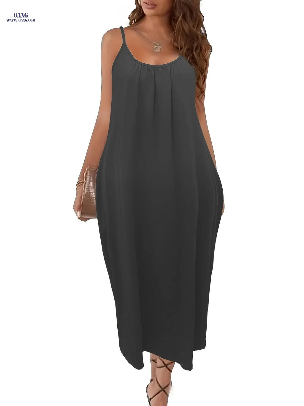 Women's Solid Pockets Spaghetti Maxi Dress - Casual Summer Style   OAXG 